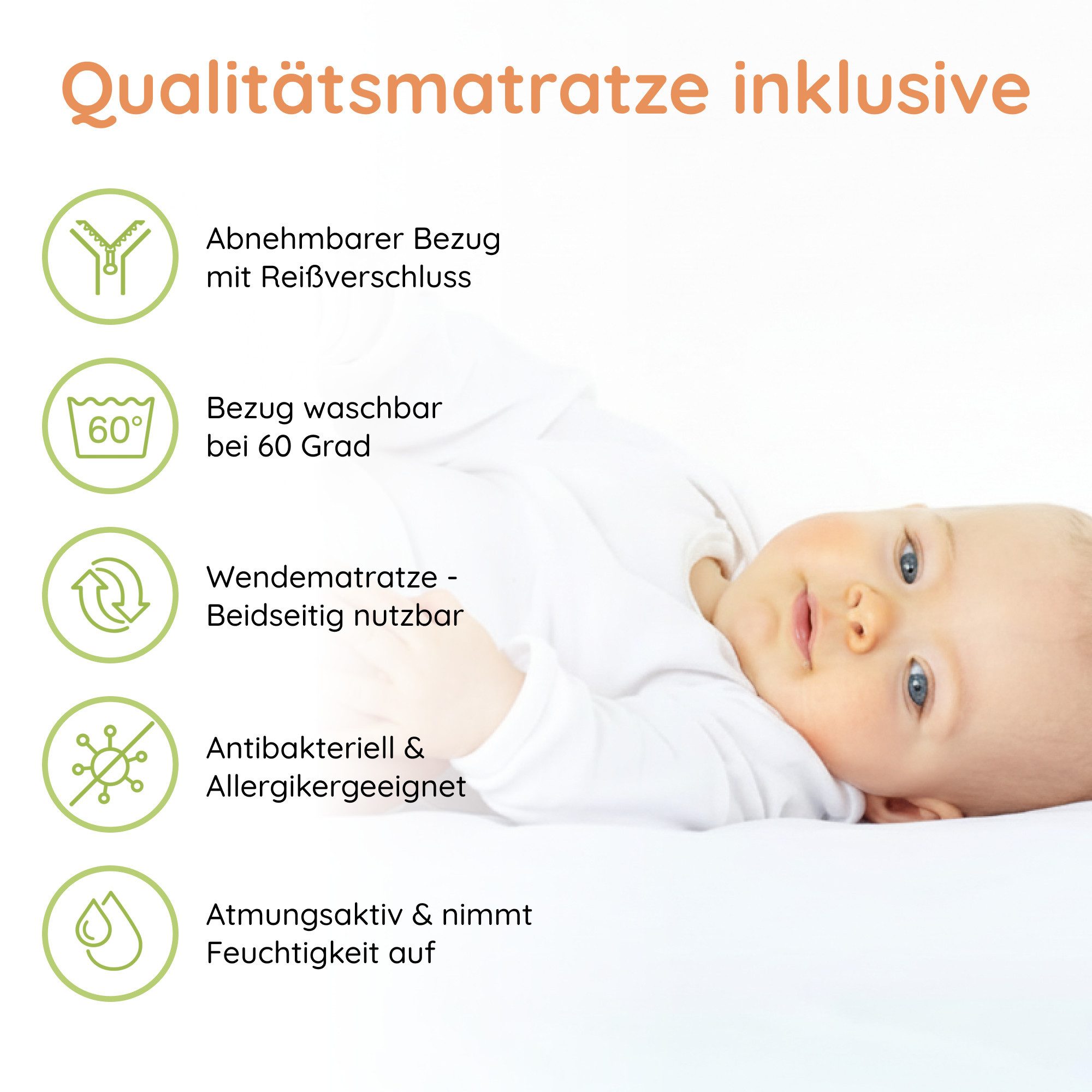 Kids Collective Baby Bed, Cot, 60x120 cm Set with Mattress & Drawer, Height-Adjustable Slatted Base & Removable Bars, White, Solid Wood