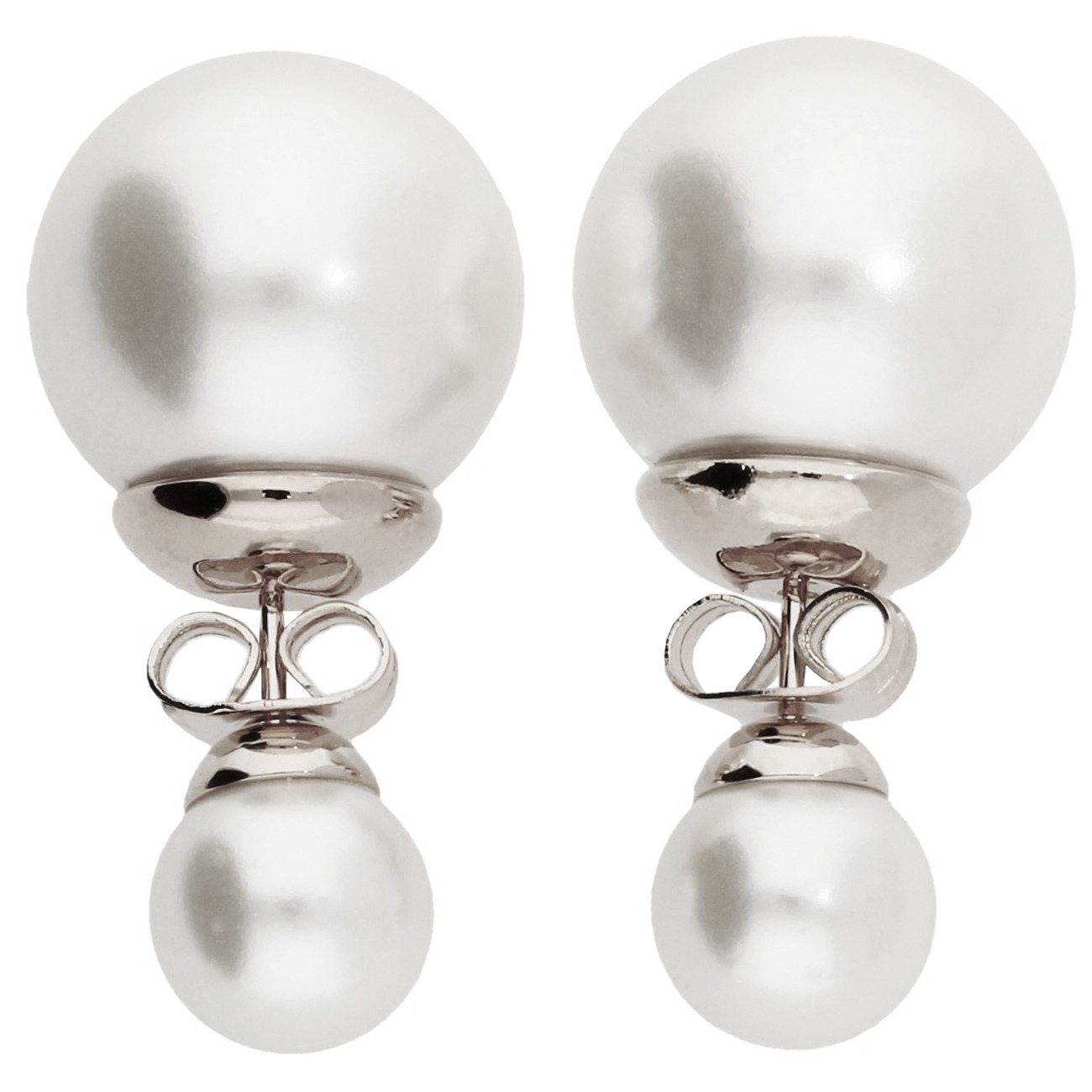 LÖB Paar Ohrstecker Silber Ohrringe Zwei Doppel Perlen Weiß Perlenohrringe Kugel Modern (Geschenke für Frauen Beste Freundin Mutter Mama Damen zum Geburtstag Weihnachten Weihnachtsgeschenke, Inkl. Schmuckbox), Ohrstecker Set Front Back doppelte Perlenohrstecker Brautschmuck