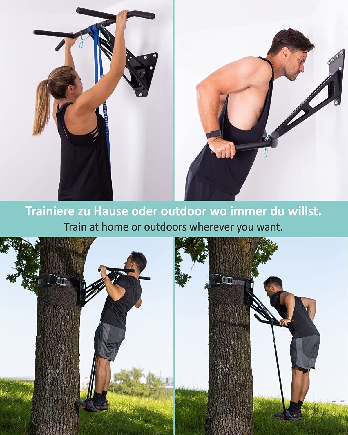 Pullup & Dip Klimmzugstange PULLUP & DIP Premium Klimmzugstange und Dip Stange (1-tlg., 2 x Multi Stange für Klimmzüge und Dips, Spanngurt 2,5 m)