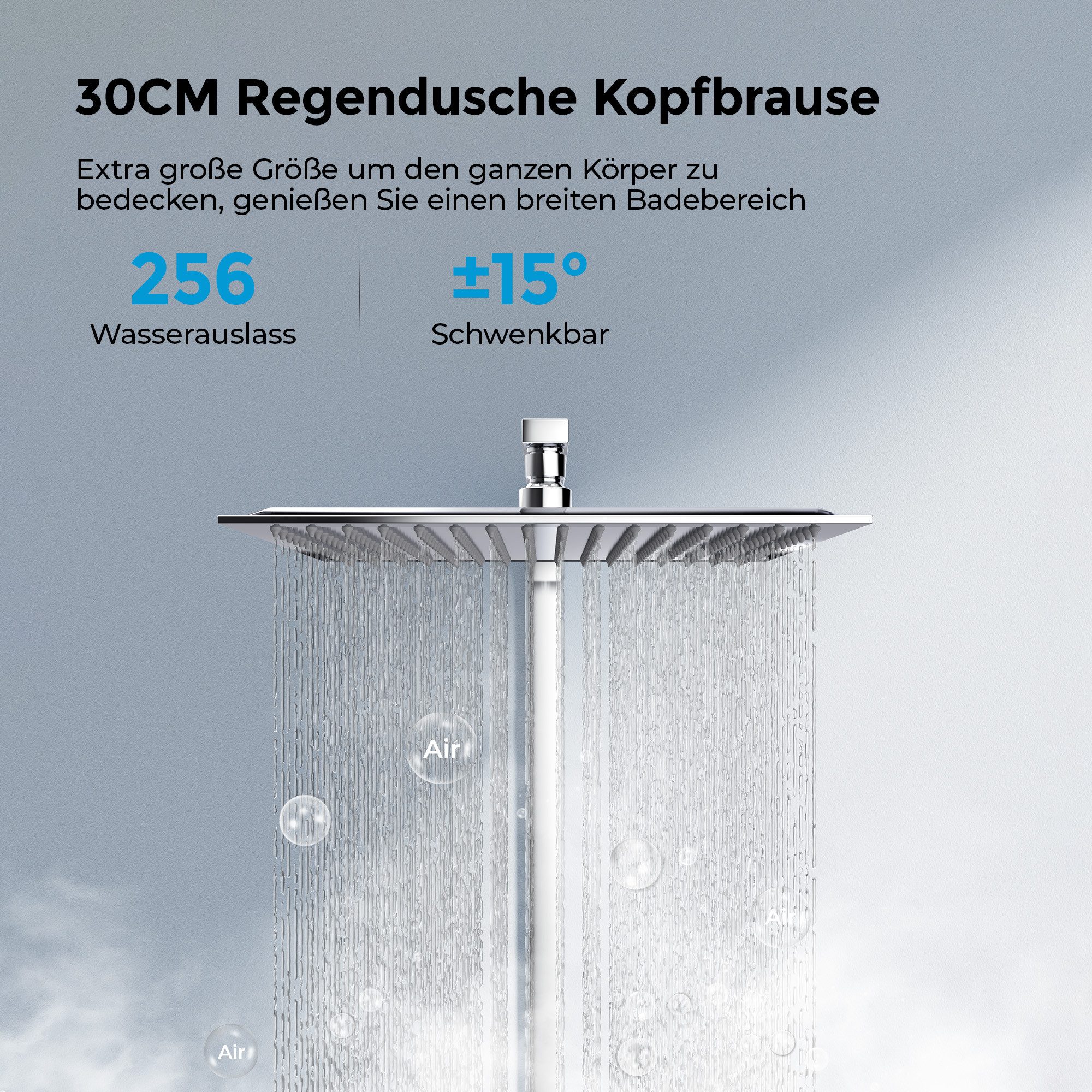 MEYKOERS Duschsystem mit Thermostat, Extra großer Regendusche 30 x 30 cm mit Handbrause, Höhenverstellbar 80–118 cm, Antikalk, Messing Thermostatarmatur