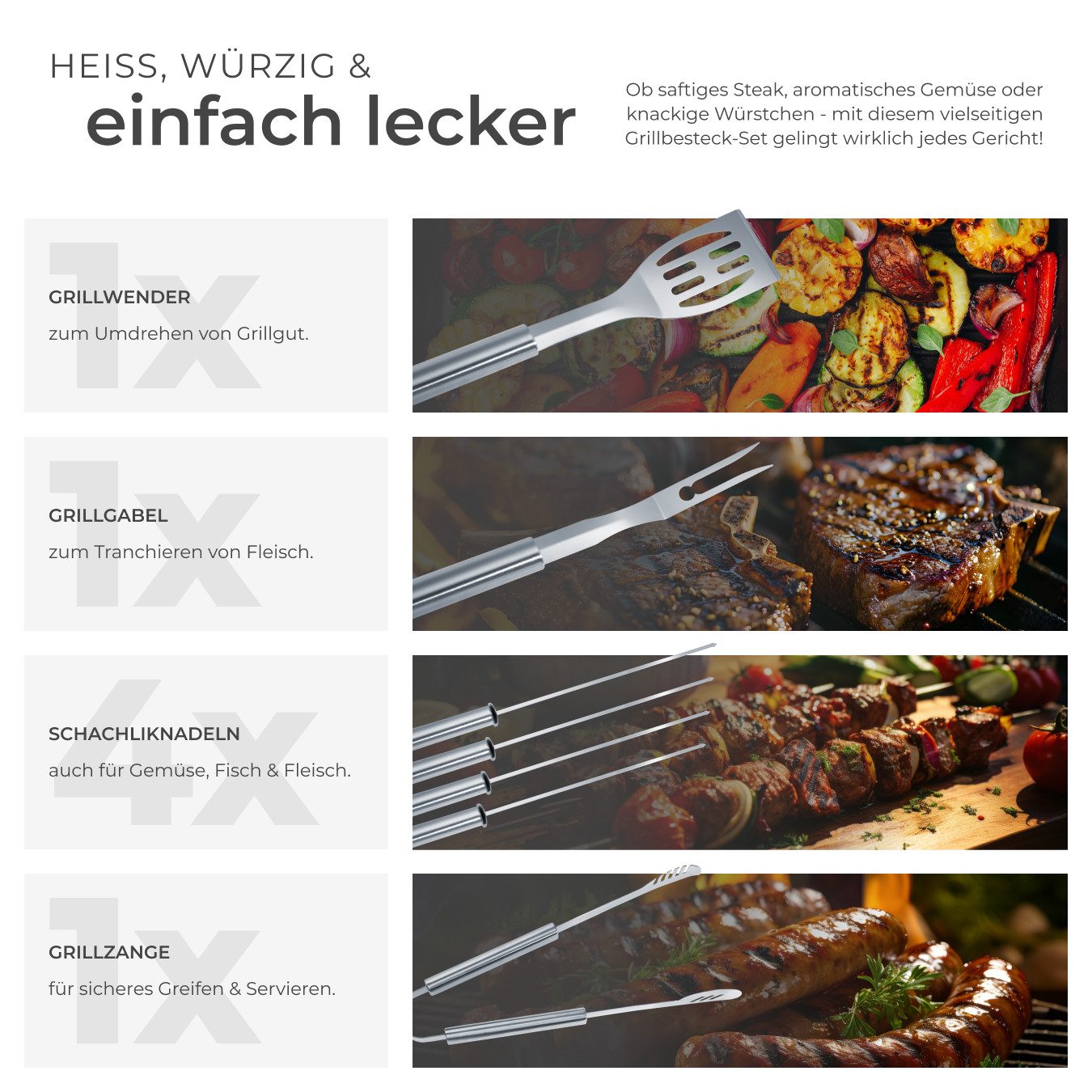 tectake Grillbesteck-Set Grillbesteck mit Aluminiumkoffer, aus Edelstahl
