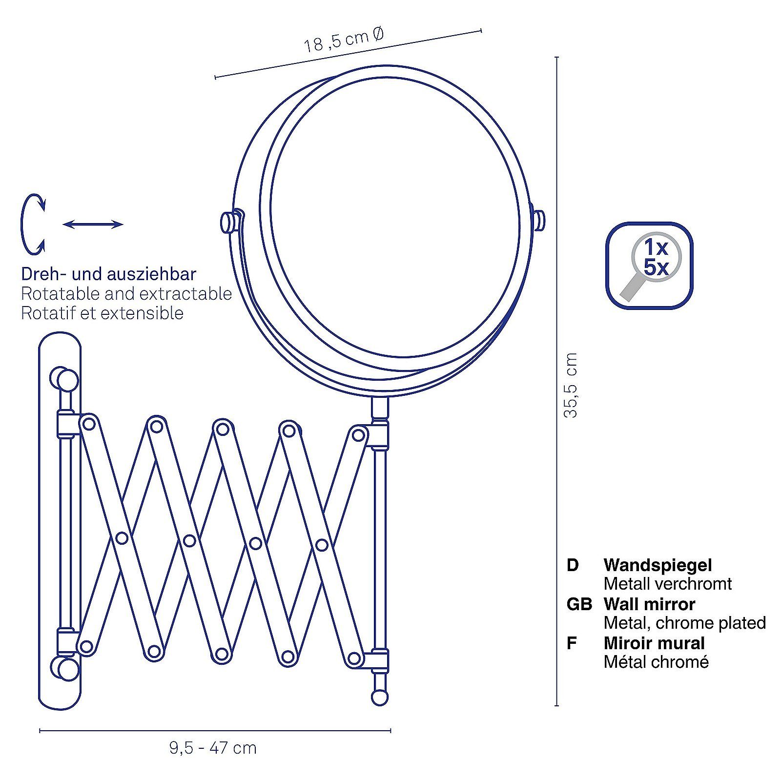 kela Kosmetikspiegel Avita, mit Scherenauszug, 1x-/5x-Vergrößerung, Wandmontage – Bild 3 von 5