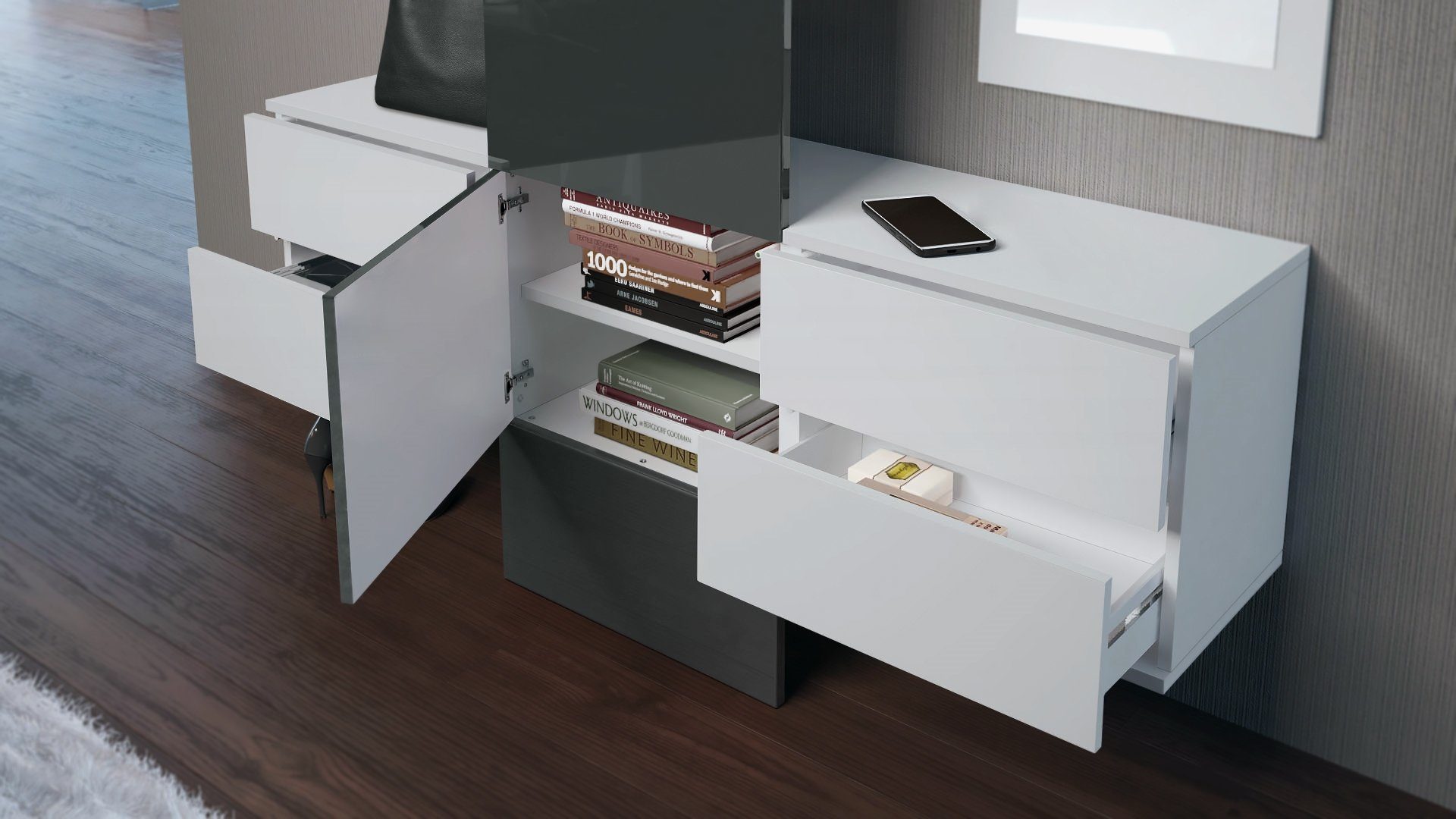 Vladon Garderoben-Set Carlton Set 3, (Wandgarderobe bestehend aus, ​ 1 Paneel, 2 Schubkastenschränke und 1 Wandspiegel), Weiß matt/Brombeer Hochglanz (157 x 193 x 35 cm)