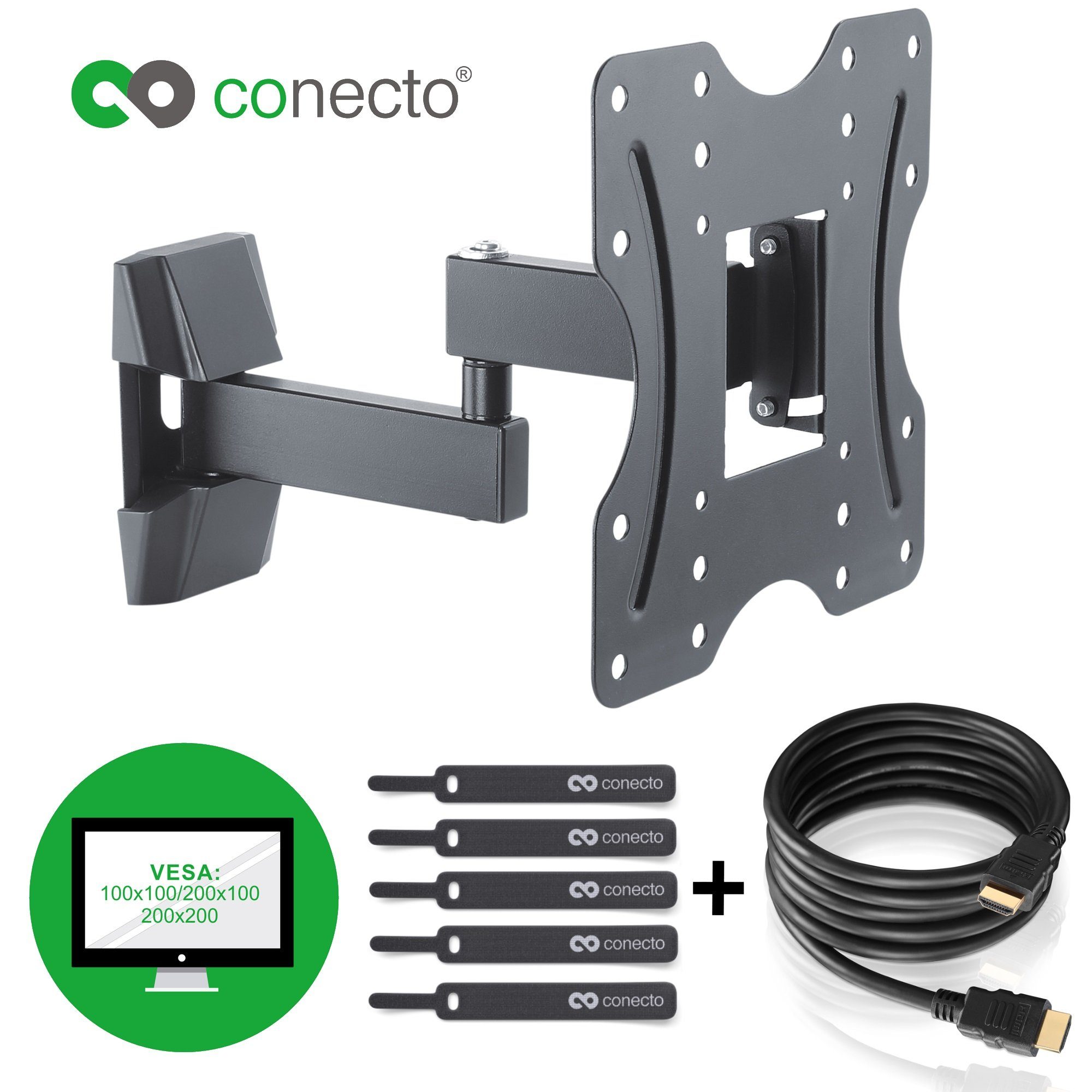 conecto TV-Wandhalterung TV Wandhalter für LCD LED Fernseher & Monitor, (bis 42 Zoll, inklusive HDMI-Kabel und Klett-Kabelbinder, neigbar, schwenkbar)