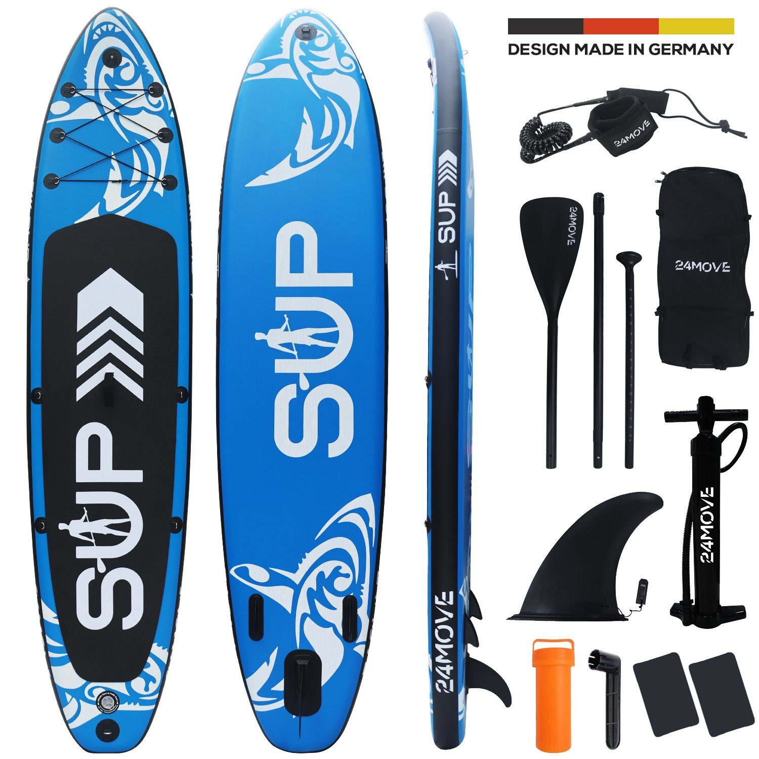 24Move SUP-Board Supboard Set, Premium Stand Up Paddleboard aufblasbar, inkl. Zubehör, Longboard, (Rucksack, Paddel, Action Cam ready, Doppelhub Pumpe, Sicherungsleine, 6 tlg), mit Drop Stich Technologie und Anti-Rutsch Oberfläche