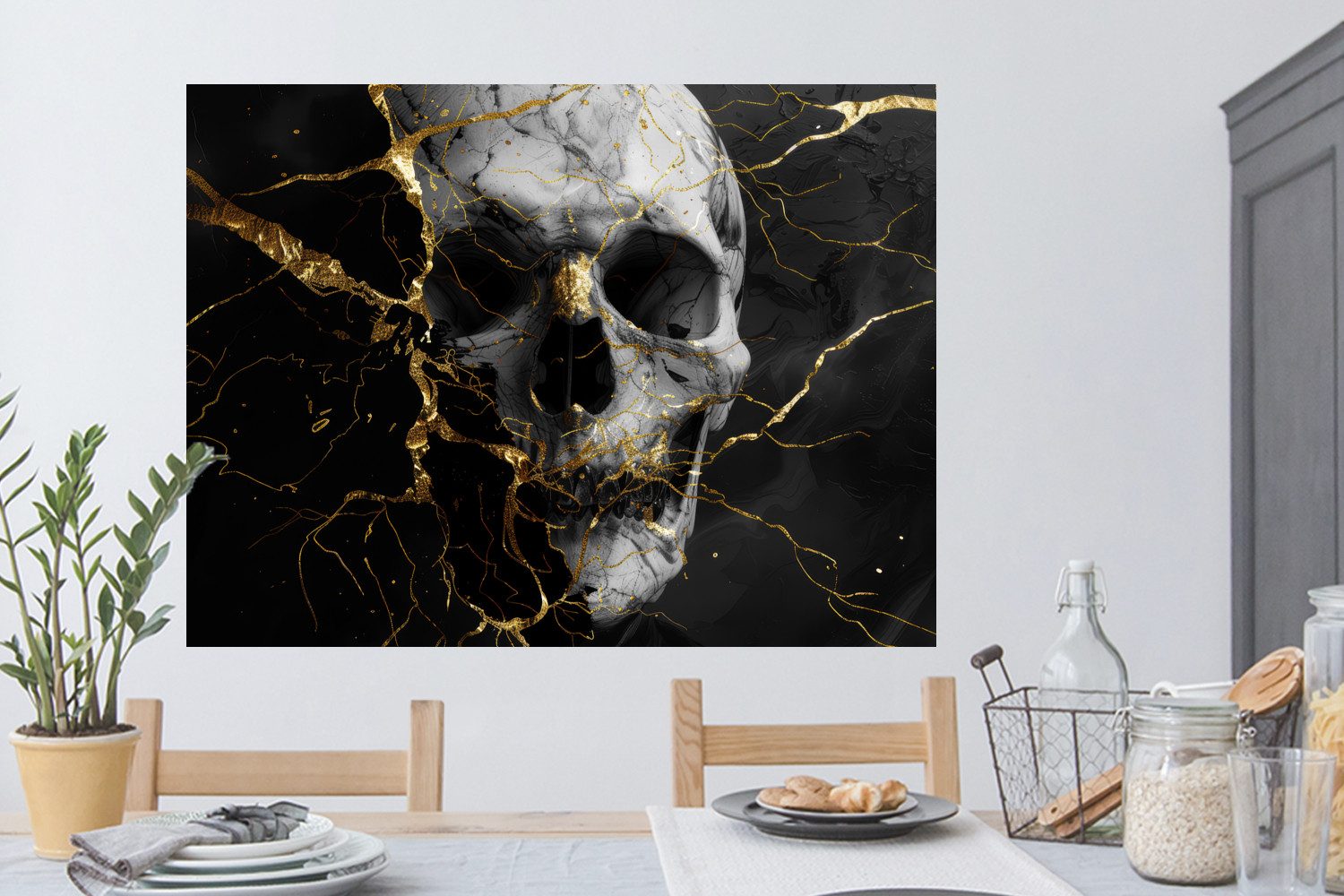 MuchoWow Wandsticker Gold - Abstrakt - Totenkopf - Gruselig - Tod (1 St), Wanddeko, Aufkleber, Wandtattoo, 120x90 cm