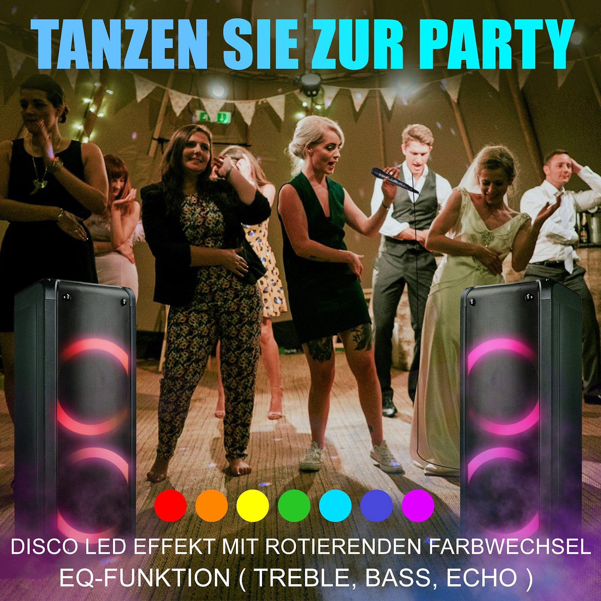 Reflexion PS09BT mit rotierenden Lichteffekten Party-Lautsprecher Stereo (Bluetooth, 500 W, Bluetooth, Radio, Karaoke, Disco-Licht Effekte, Micro-SD Slot)