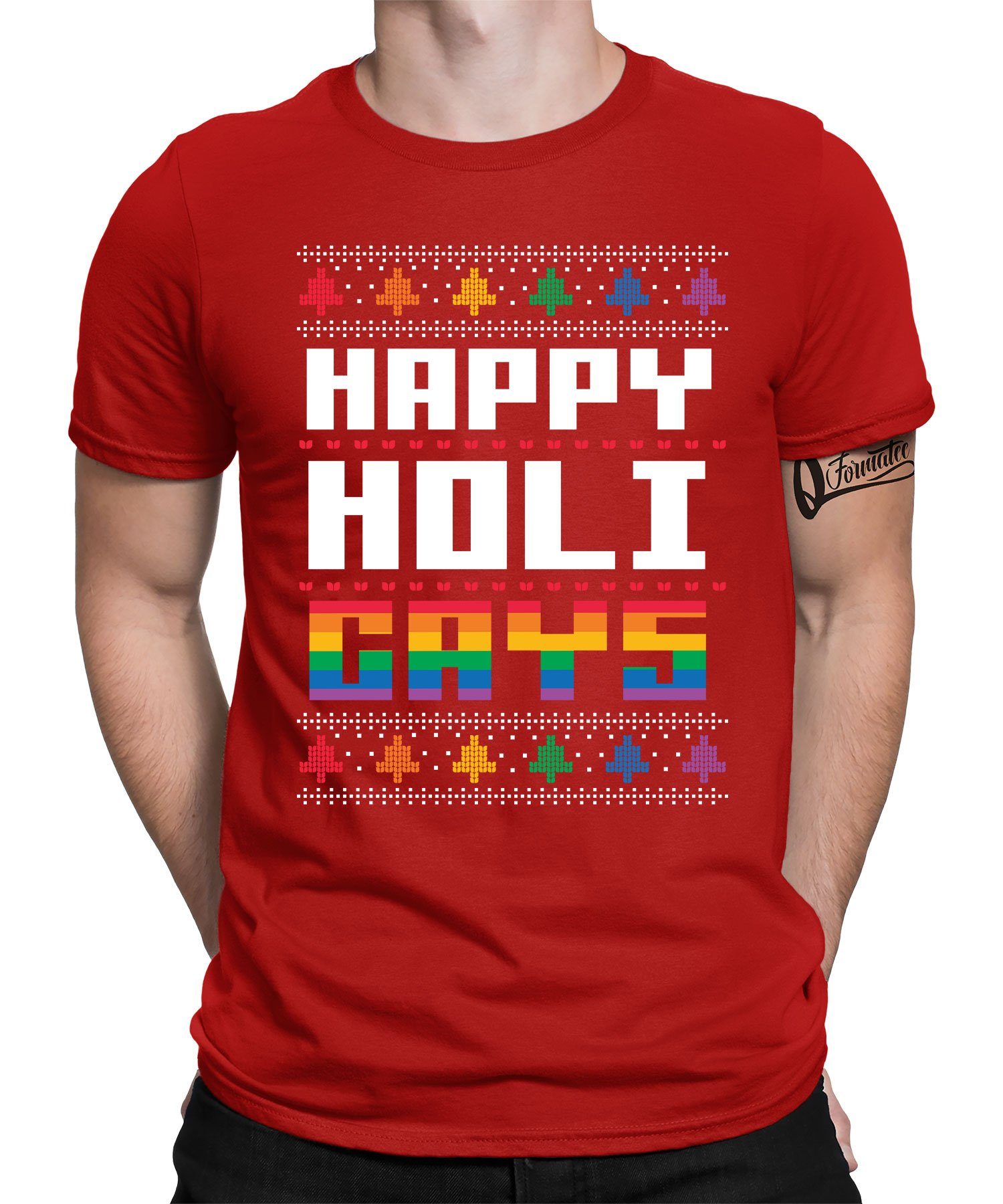 Quattro Formatee Kurzarmshirt LGBT Gay Regenbogen Happy Gays Christmas - Weihnachten X-mas Weihnacht (1-tlg) Rot