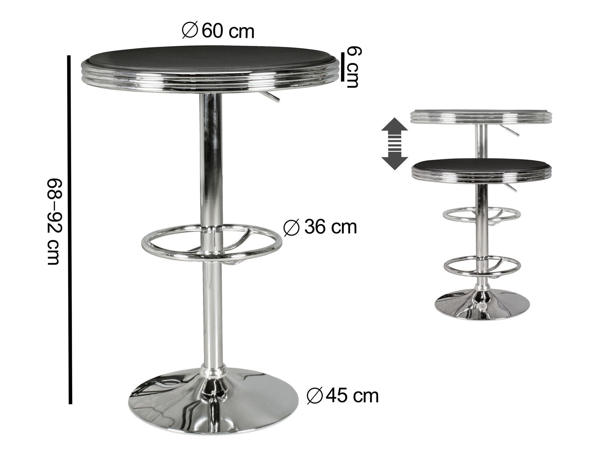 FINEBUY Bartisch FB45665 Ø 60 cm American Diner Schwarz / Alu Design Bistrotisch (Partytisch Retro USA Bistrotisch, Stehtisch Modern), American Diner Rund Ø 60 cm Kunstleder Aluminium