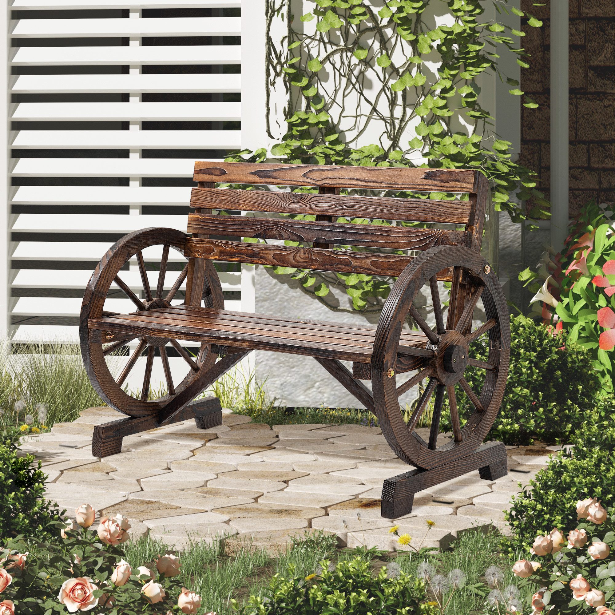 CHICFURN Gartenbank 105.5x56x79cm 2‑Sitzer aus Holz mit Armlehnen, Landhausstil (Packung, 1-St., Holzbank & Parkbank für Garten, Terrasse & Außenbereiche), Kompakte Sitzbank für den täglichen Gebrauch im Freien, Braun