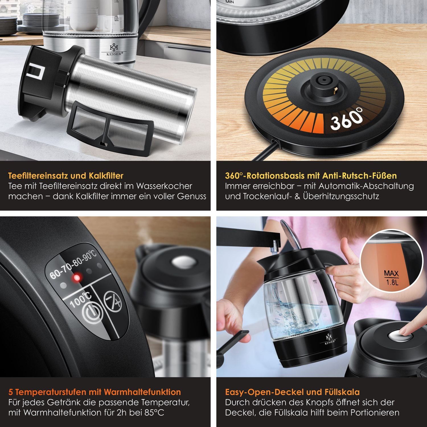 KESSER Wasserkocher, 1.8 l, 2200 W, 1,8L Edelstahl Wasserkocher 2200W Glaswasserkocher