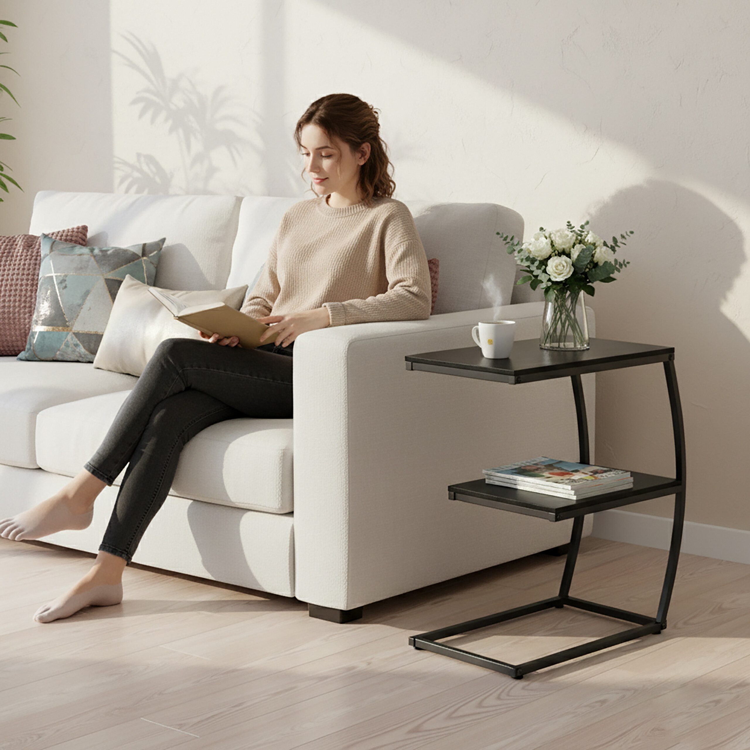 relaxdays Beistelltisch in C Form mit 2 Ablage, schwarz günstig online kaufen