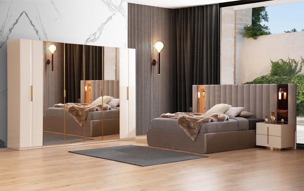 Schlafzimmer-Set Beige Schlafzimmer Set Designer Bett Kleiderschrank 2x Nachttische