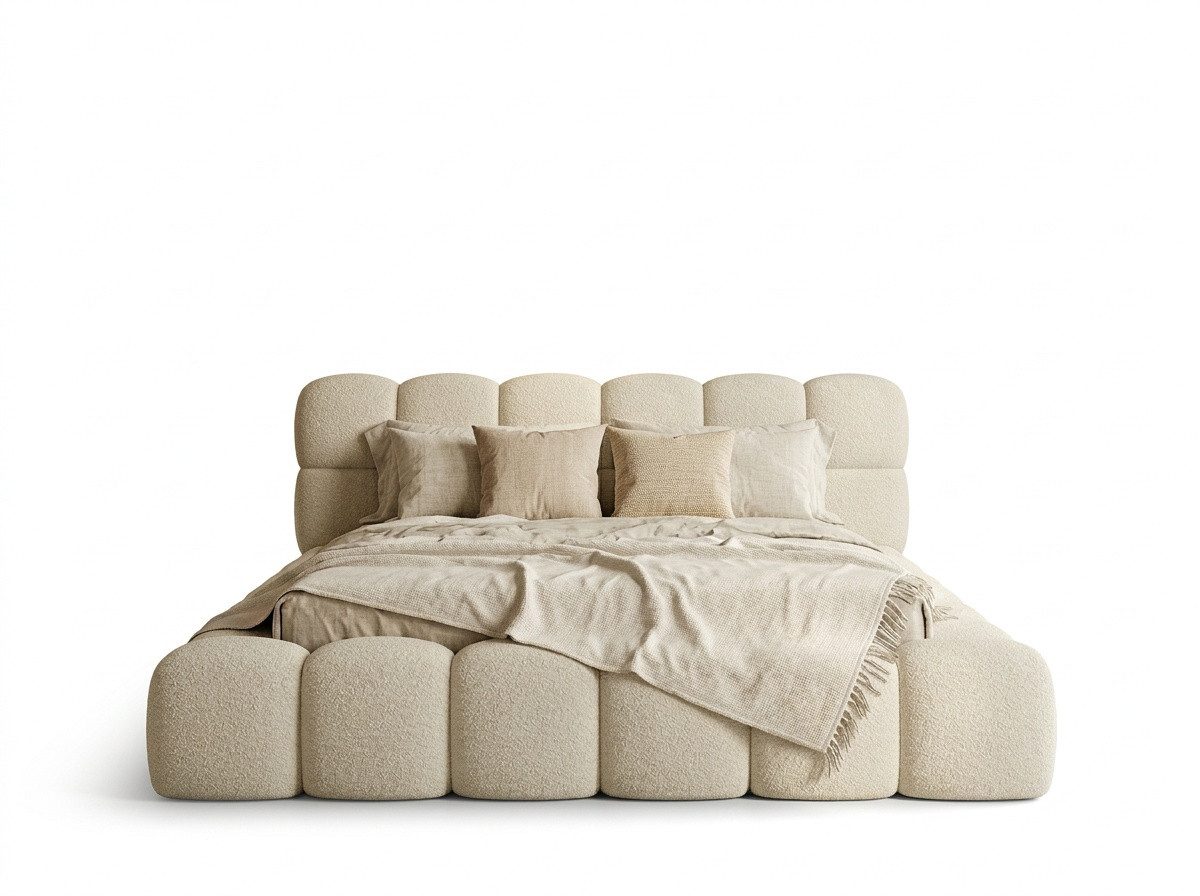 yourhouse24 Polsterbett Boston im trendigen Japandi-Stil, Bouclé / Teddy-Stoff (Wolkenbett mit Stauraum), TOPSELLER MADE IN EU