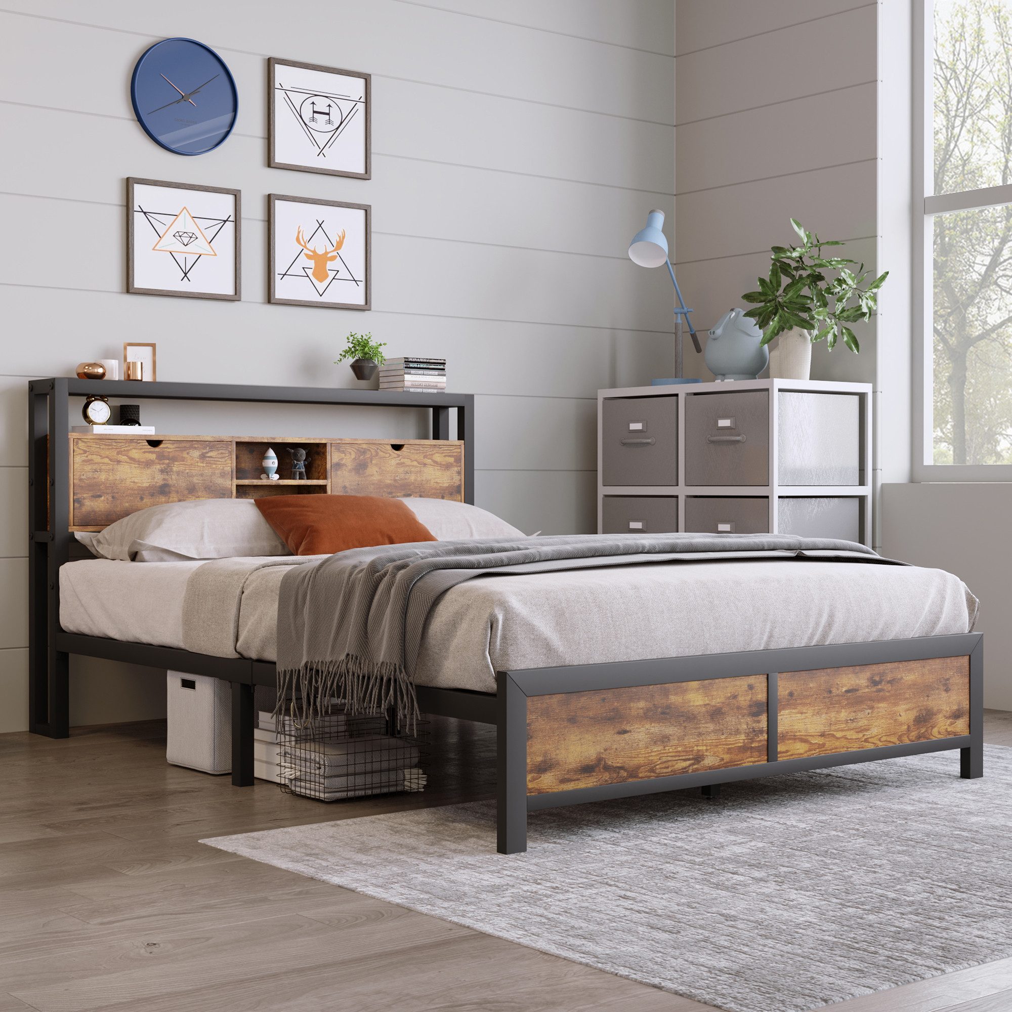 MODFU Metallbett modernes Design im Industrie-Look, platzsparend und langlebig, (145 x216x100cm,ohne-Matratze, 26,5 cm Bodenfreiheit), Metallbett mit Holzoptik MDF
