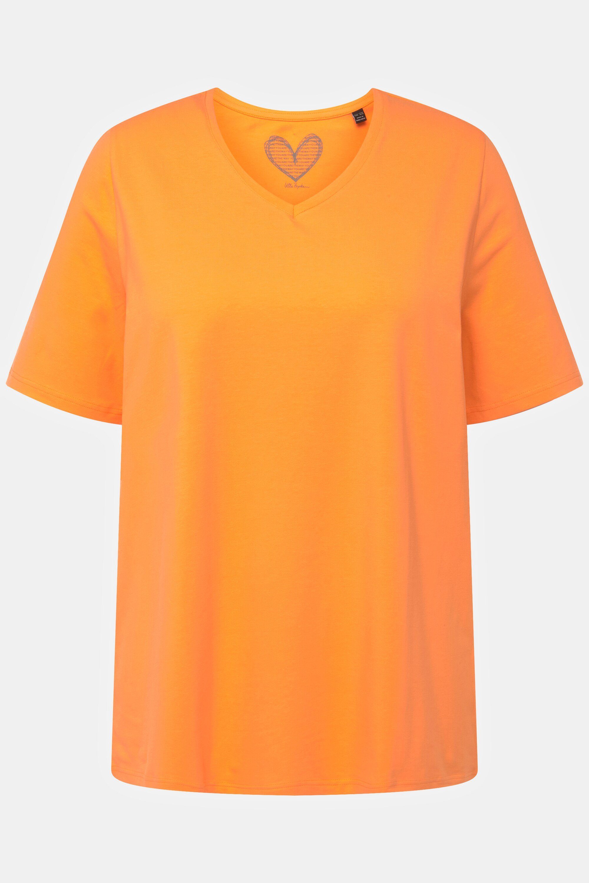 Rundhalsshirt orange Ulla cantaloupe Halbarm V-Ausschnitt T-Shirt Popken A-Linie