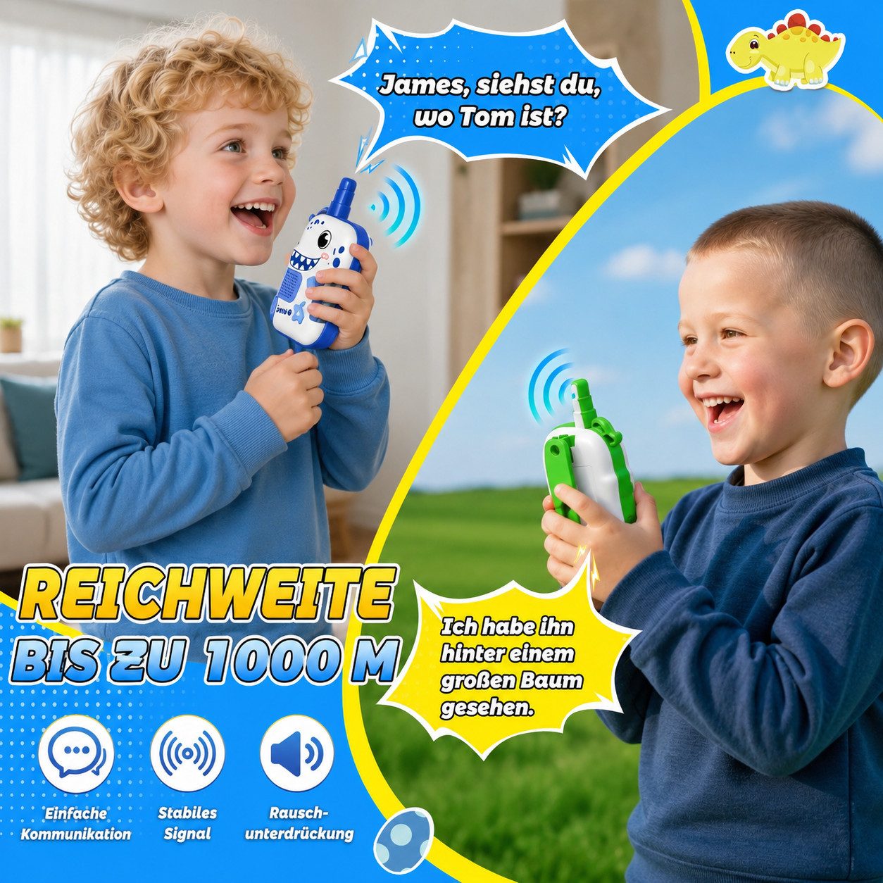 Wootoy Walkie Talkie Kinder-Walkie-Talkies 2er Set Funkgerät Spielzeug mit Type-C-Anschluss, (Integrierter Akku bis zu 48 Stunden Betriebszeit, 2-St., Reichweite bis zu 305 m mit stabiler Signalübertragung), im Dinosaurier-Design für gemeinsame Spiel- und Abenteuererlebnisse