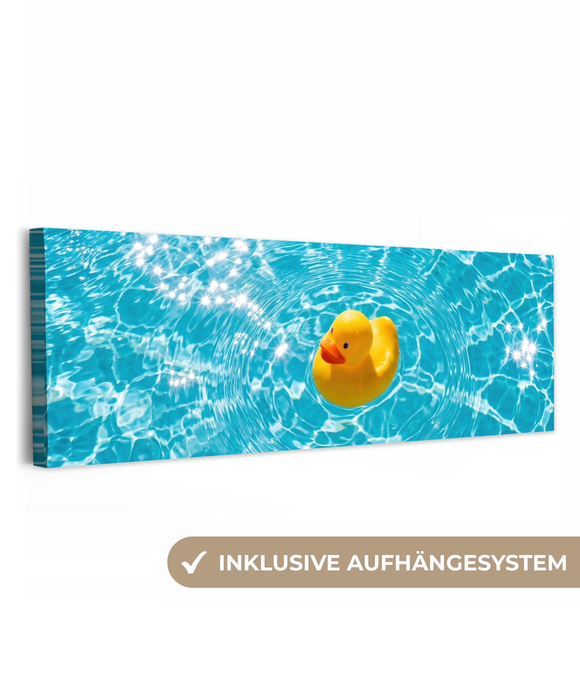 OneMillionCanvasses® Leinwandbild Panorama Gummi-Ente - schwimmend - Blau, Fotodruck (1 St), Wandbild XXL für Wohnzimmer Küche 120x40 cm