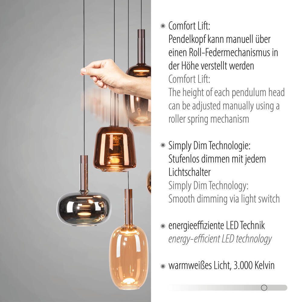 Paul Neuhaus LED Pendelleuchte LED Pendellampe IRID, dimmbar, Memoryfunktion, höhenverstellbar, 5x LED Board 9W, warmweiß, manuell höhenverstellbar, stufenlos dimmbar, Memoryfunktion