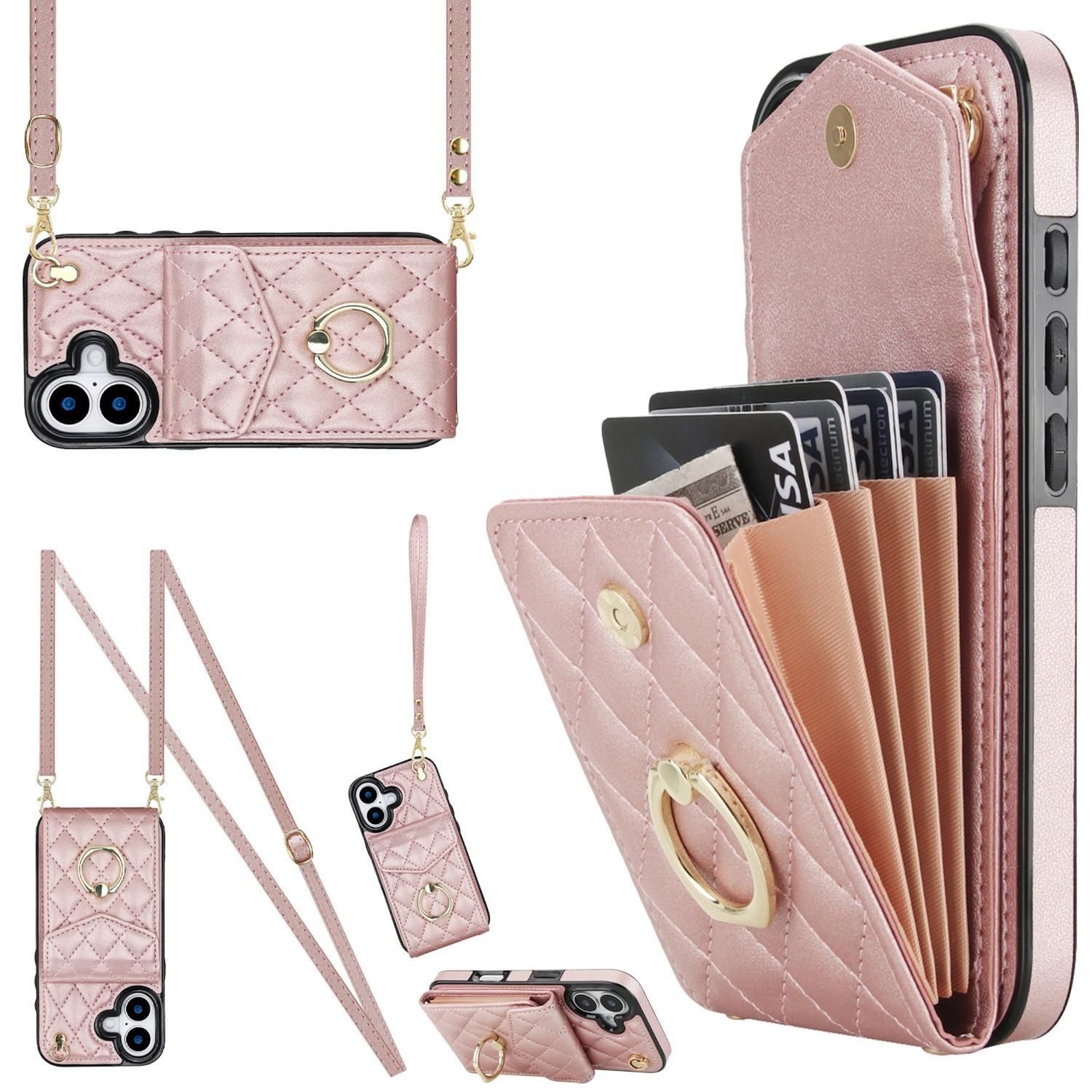 Wigento Handyhülle Für Apple iPhone 17 Crossbody Kunstleder Rhombic Hülle Rose Gold, Mit Kartenfächern, RFID-Schutz, Gurt