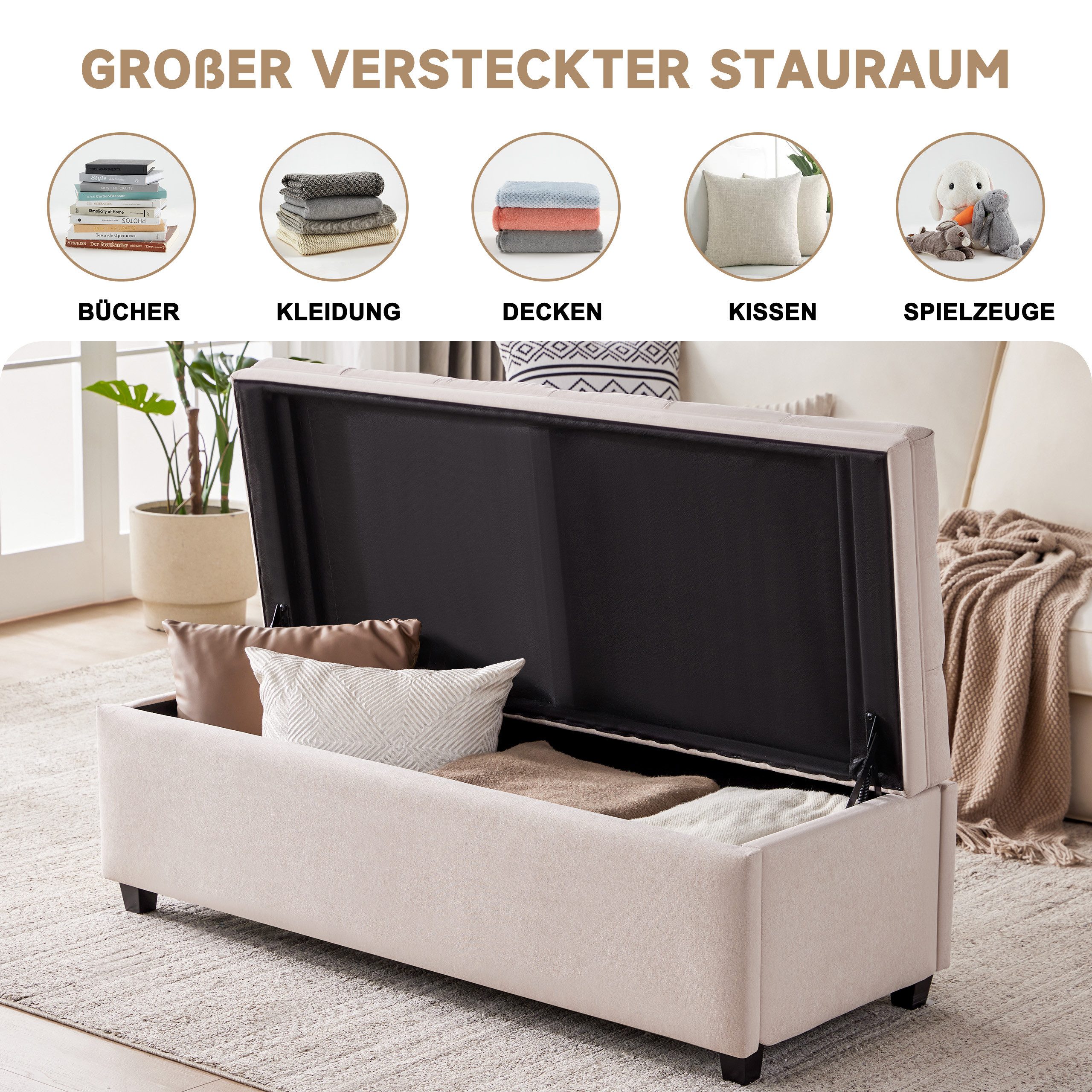 Howjoe Sitzbank Mit Stauraum, Belastbar Bis 150 Kg, Aufbewahrungsbox -128*53*45cm (1-St), Sitzbox, Polsterhocker Für Wohnzimmer Schlafzimmer Flur