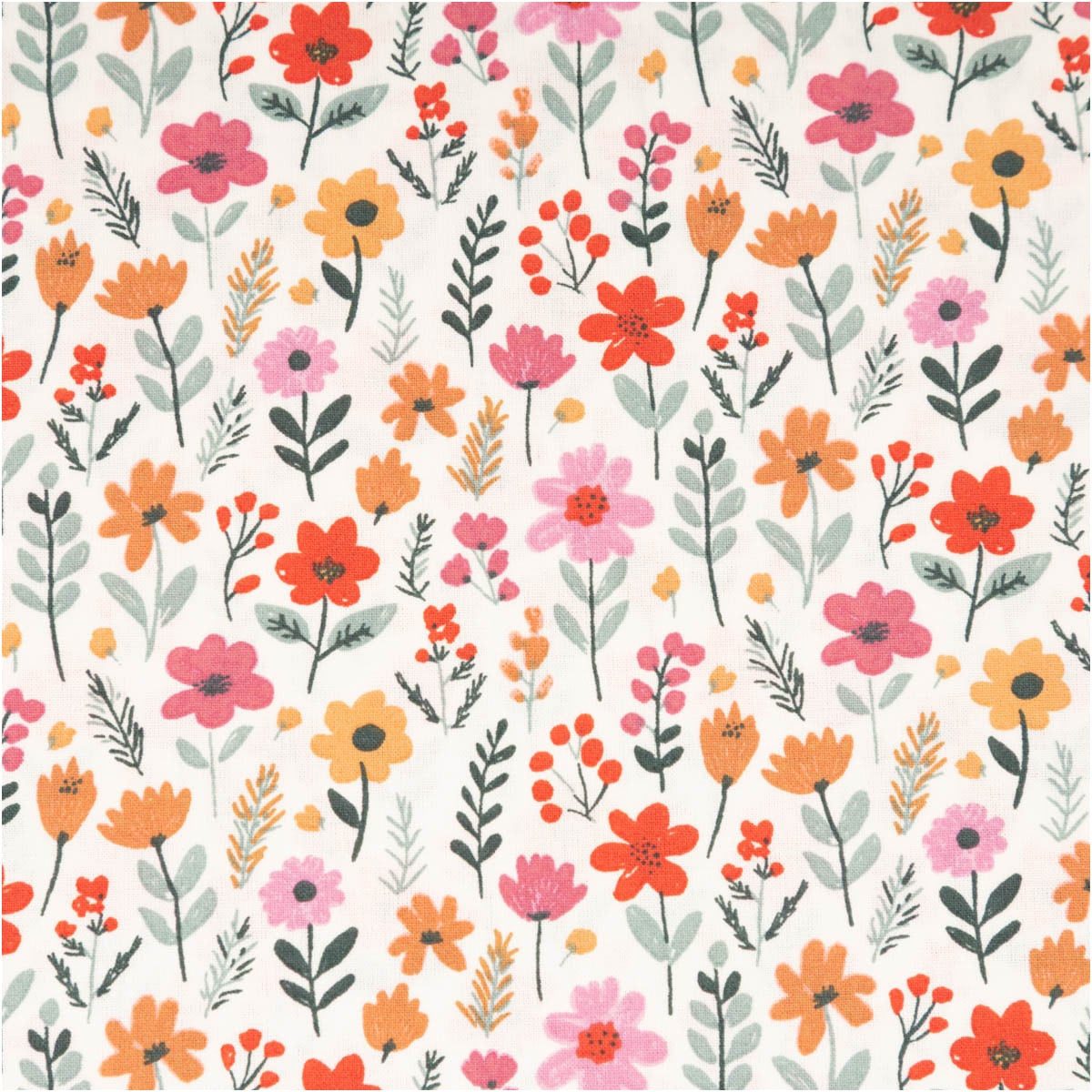 SCHÖNER LEBEN. Stoff Baumwollstoff Maddy Blümchen ecru, rosa, rot, gelb, grün 1,47m Breite, allergikergeeignet