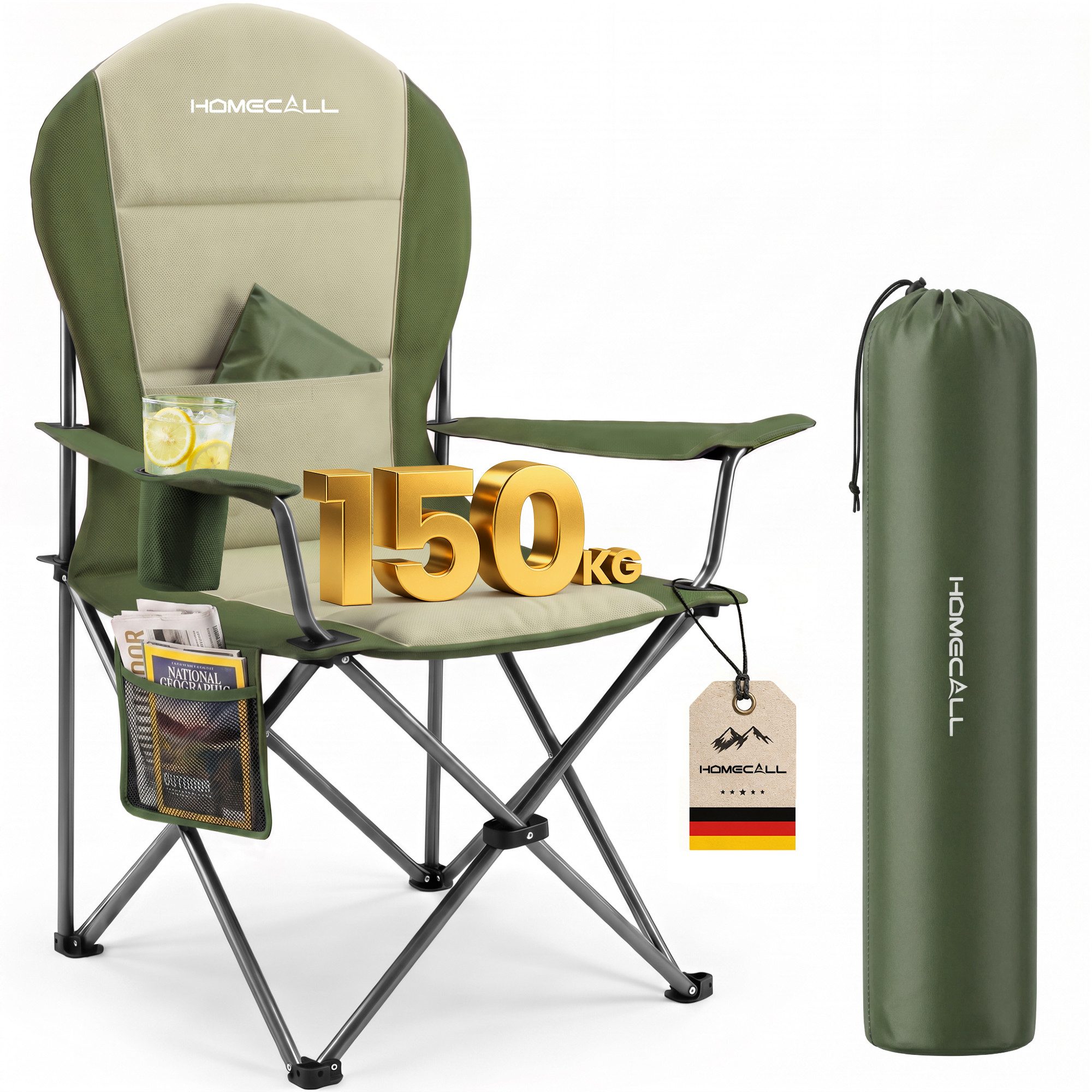 HOMECALL Campingstuhl Hochlehner 110cm mit Lendenwirbelstütze Klappstuhl Angelstuhl Faltbar (Bis 150kg, gepolstert, faltbar, stabil, 1 St), für Camp Garten Balkon