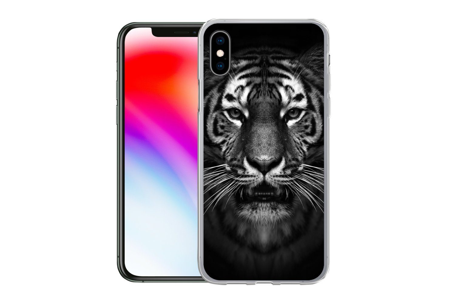 MuchoWow Handyhülle für Apple iPhone XS Tiger - Tiere - Schwarz - Weiß - Porträt - Wild, Smartphone-Bumper, Print, Handy Schutzhülle Dünn