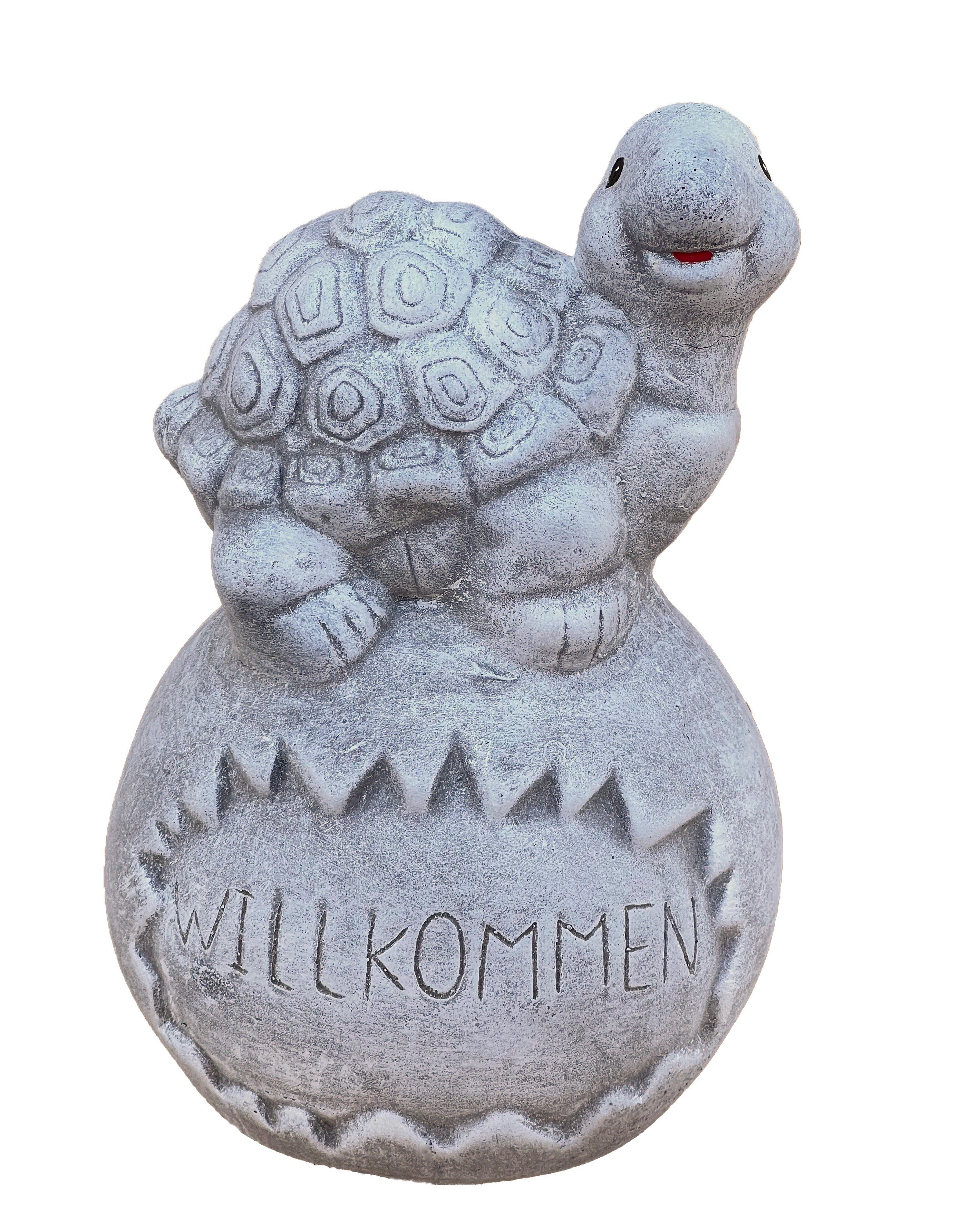Stone and Style Gartenfigur Frostfeste Steinfigur Schildkröte auf Kugel Willkommen