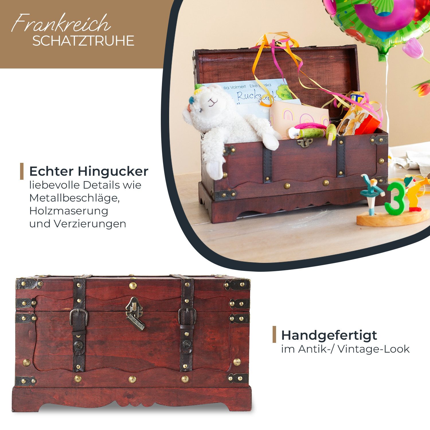 HMF Schatzkiste Schatztruhe aus Holz, große Schatzkiste mit, dekorativem Schloss für Kindergeburtstag, 50 x 25 x 28 cm, Frankreich