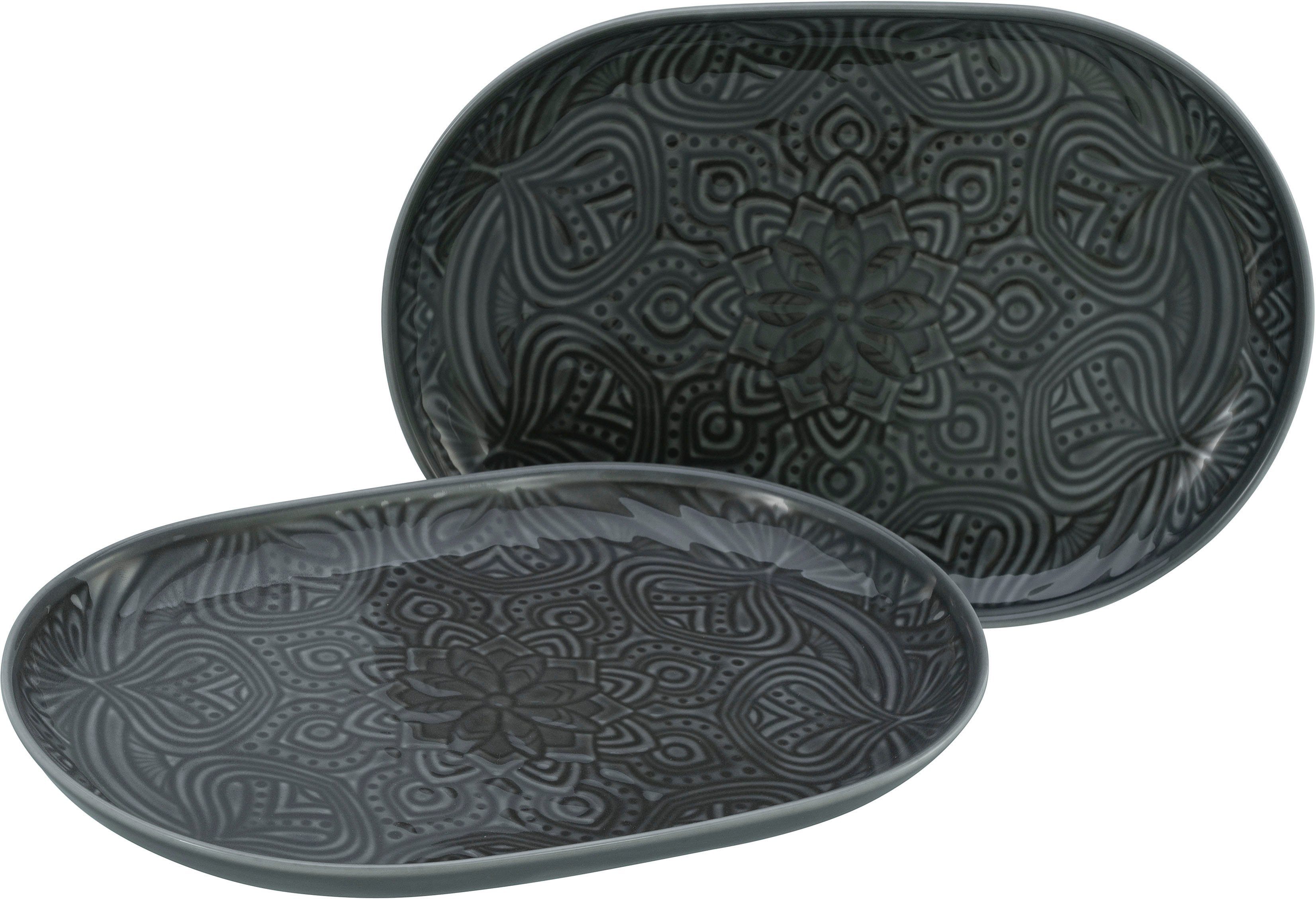 Mandala, Orient CreaTable grau Servierplatte 2-tlg), 28x20 Servierset, Porzellan, je (Set, cm