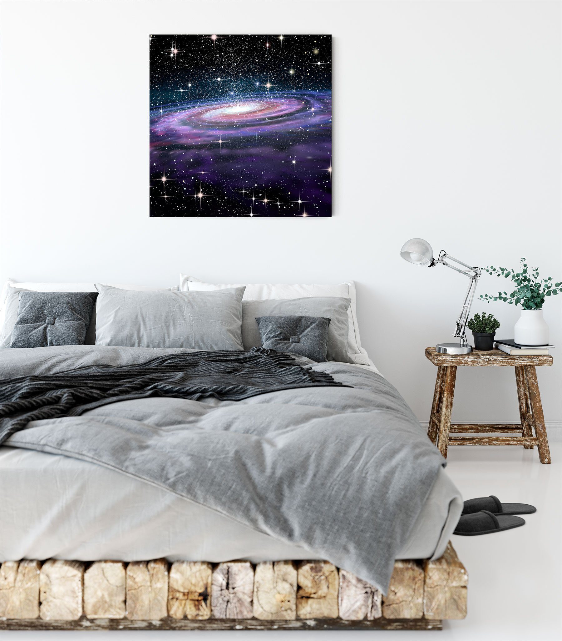 Leinwandbild im (1 Weltall bespannt, Spiralgalaxie inkl. Pixxprint im Zackenaufhänger Weltall, St), fertig Leinwandbild Spiralgalaxie