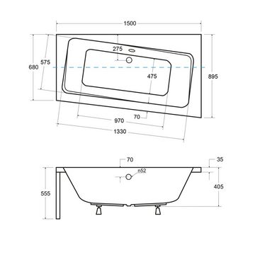 KOLMAN Badewanne Eckbadewanne Infinity 150x90, (Links/Rechts), Acrylschürze Styroporverkleidung, Ablauf VIEGA & Füße GRATIS