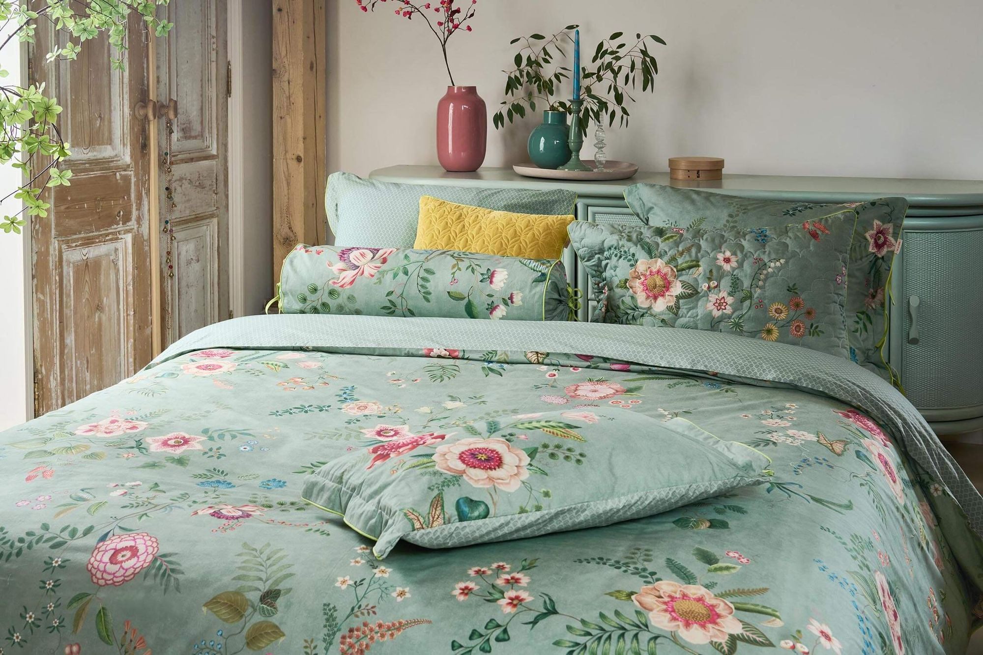 PiP Studio Bettwäsche PIP Studio Perkal Bettwäsche 135x200 Everbloom Green Blumen Blütenrank, Perkal, 2 teilig, fein gewebter 100% Baumwollperkal