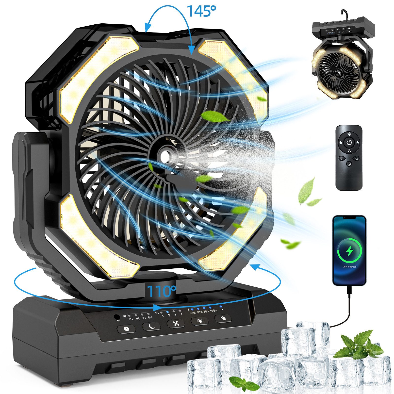 ATEROLL Standventilator mit 4 Ventilationsstufen/Sprühkühlung,Tischventilator mit LED licht, mit Timer,250ml Tank Aufhängehaken Ideal für Werkstatt,Outdoor,Zuhause