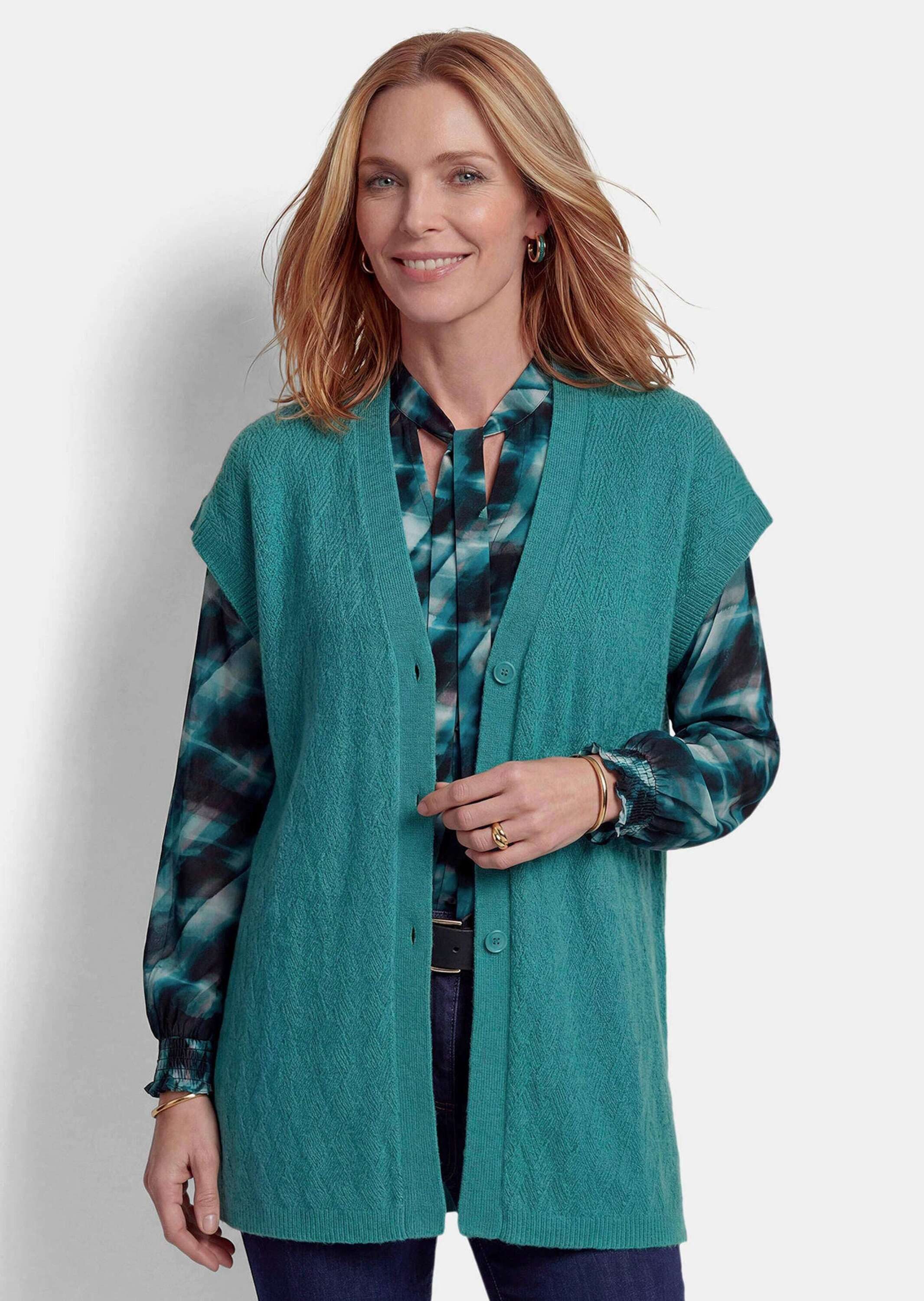 GOLDNER Strickweste Strickweste mit Rautenmuster Ärmellose Longweste aus Merino mit V-Ausschnitt und Knopfleiste