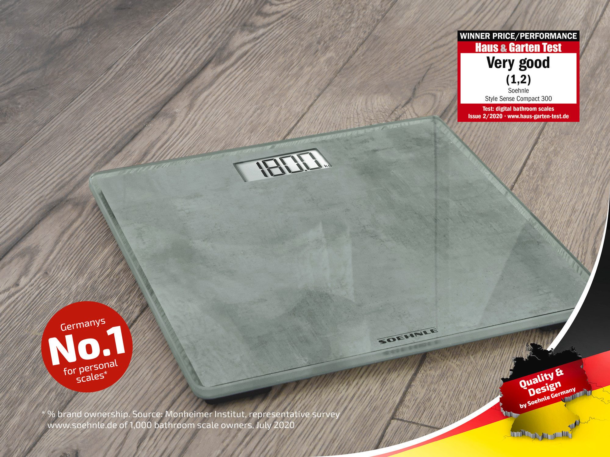 Soehnle Personenwaage Style Sense Compact 300 Concrete, 1-tlg., LCD-Anzeige, flaches Design, bis 180kg, große Trittfläche, kg/lb/st