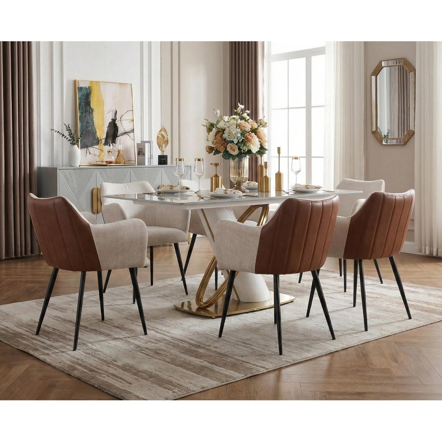 LuxusKollektion Esszimmerstuhl Esszimmerstühle 2er Set Armlehnstuhl PULeder Metallbeine Beige 1