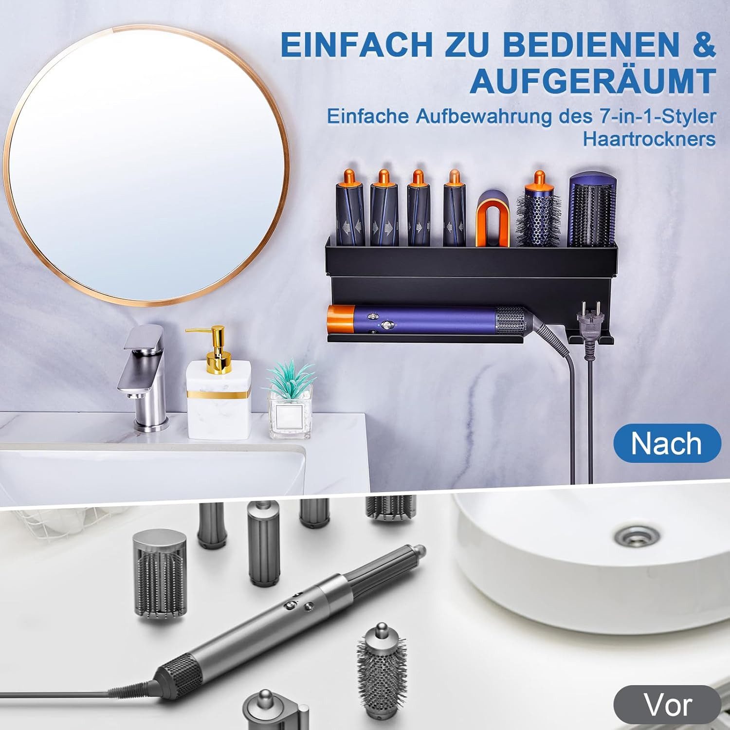 TUWENA Haartrocknerhalter und Glätteisenhalter Fönhalter Wand Ohne Bohren, Föhn Glätteisen Halterung Wandhalterung, (Für Styler Lockenstab Zubehör)