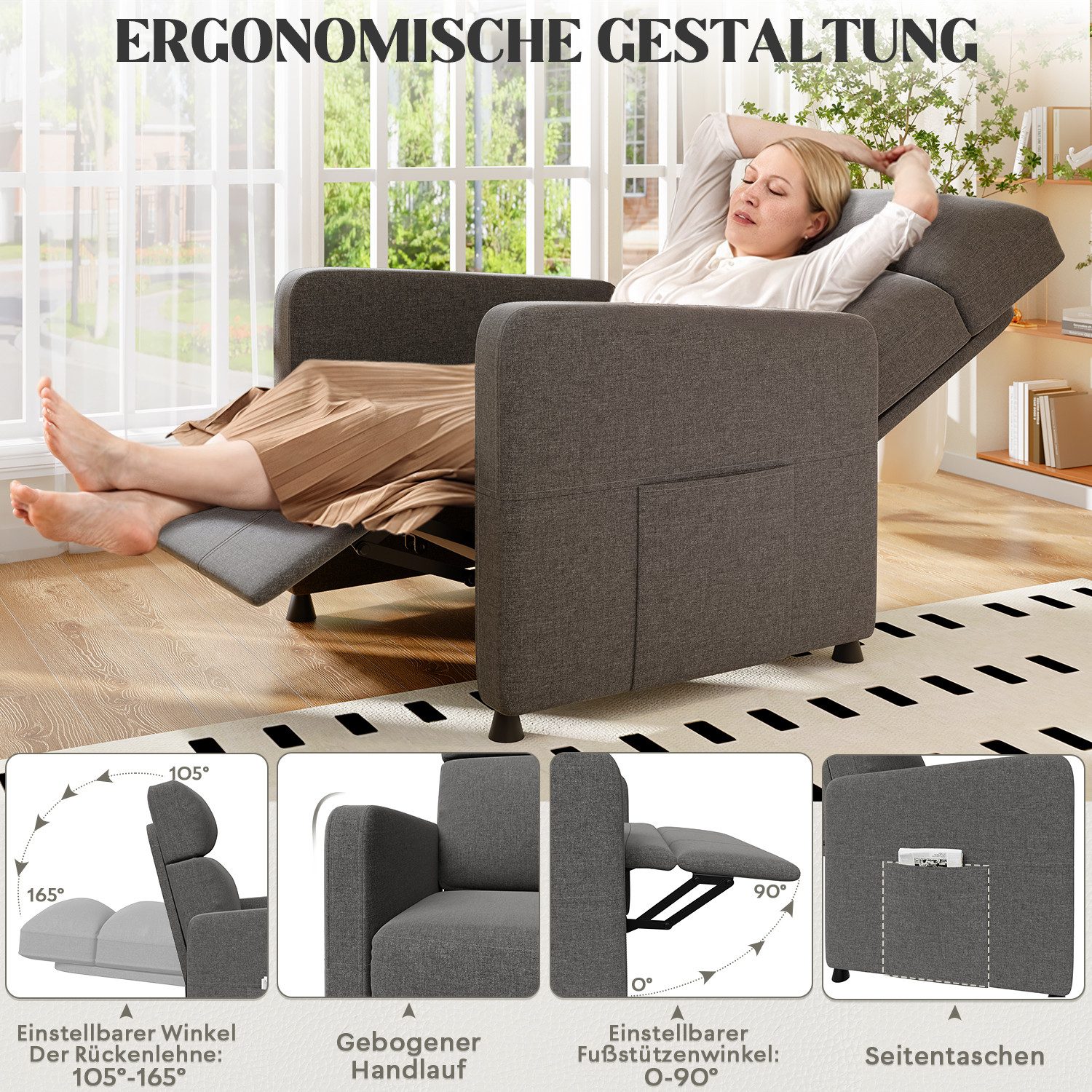 Furnicopia Sessel Freizeitsessel Fernsehsessel Rückenlehne bis zu 165° verstellbar (Freizeitsessel mit verstellbarer Fußstütze und Fernbedienung, geeignet für Schlafzimmer, Wohnzimmer und Büro, mit seitlicher Stofftasche zur Aufbewahrung von Büchern und Fernbedienung, Belastbarkeit 136 kg)