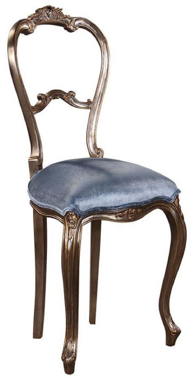 Hellblau Silber Massivholz Casa Besucherstuhl - Padrino Stuhl - Barock Handgefertigter Damen Barock Möbel Stuhl Luxus / Schminktisch