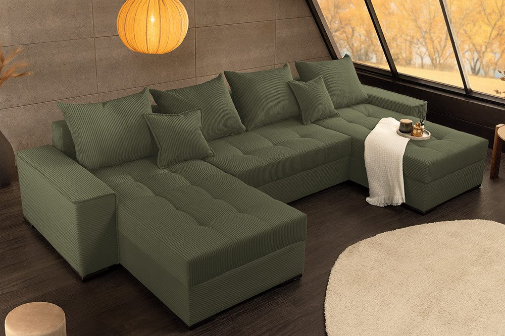 riess-ambiente Wohnlandschaft LODGE 315 cm grün – Cord, U-Form, Schlaffunktion, FSC-zertifiziert, Set 1 Teile, XXL-Sofa mit Bettkasten & Federkern – ideal fürs moderne Wohnzimmer
