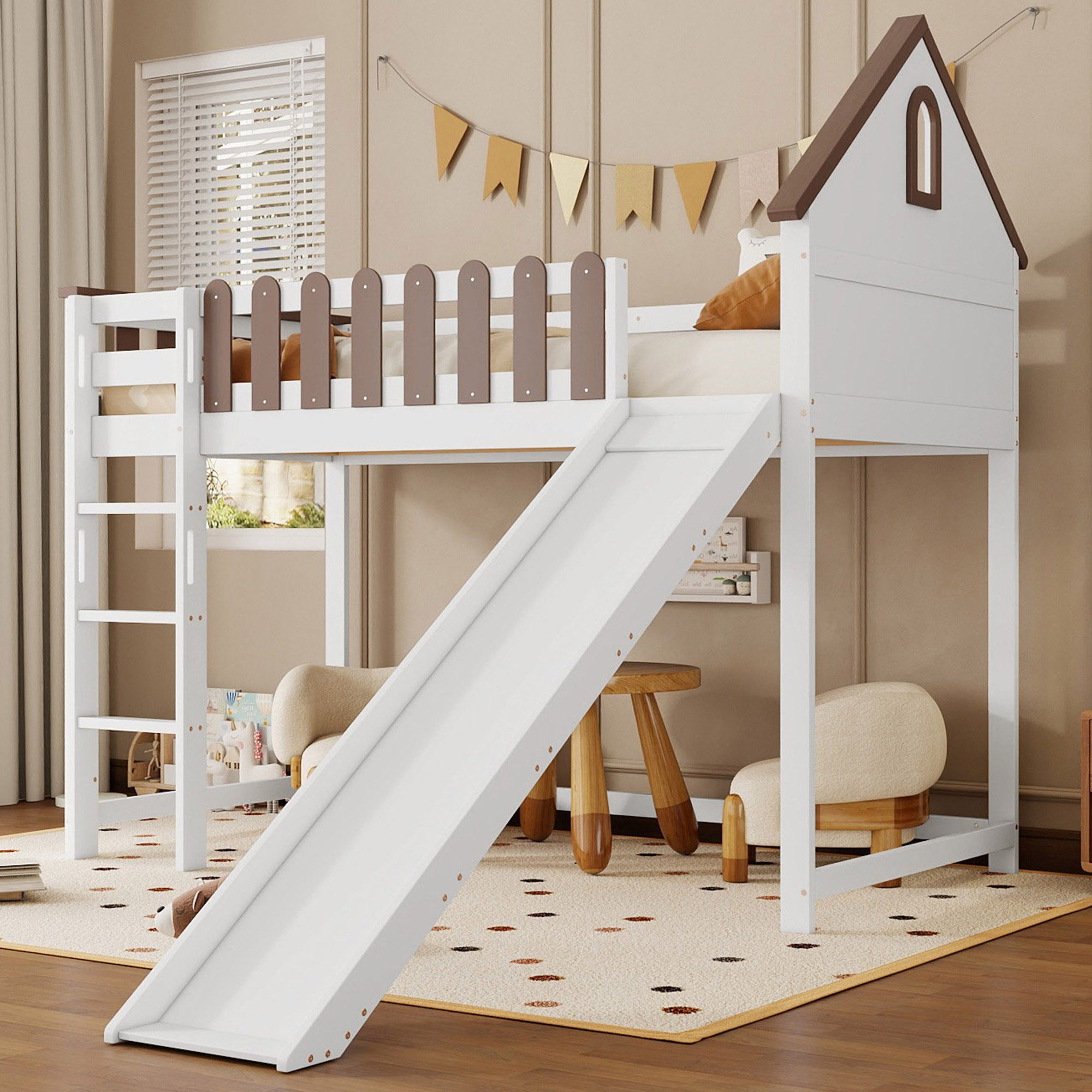 Flieks Hochbett Kinderbett Haus-Design 90x200cm mit dreistufiger Leiter und günstig online kaufen