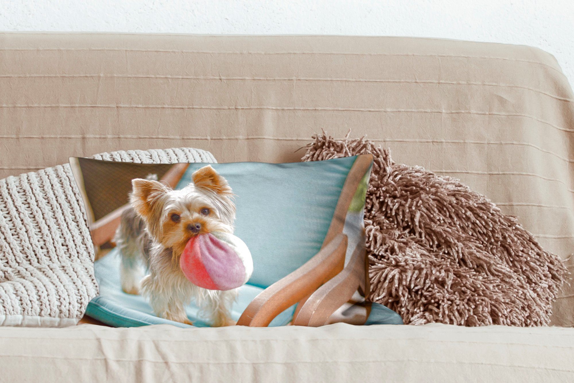 MuchoWow Dekokissen Yorkshire Terrier spielt Dekokissen mit Wohzimmer bunten Ball, Füllung, mit einem Schlafzimmer Dekoration, Zierkissen