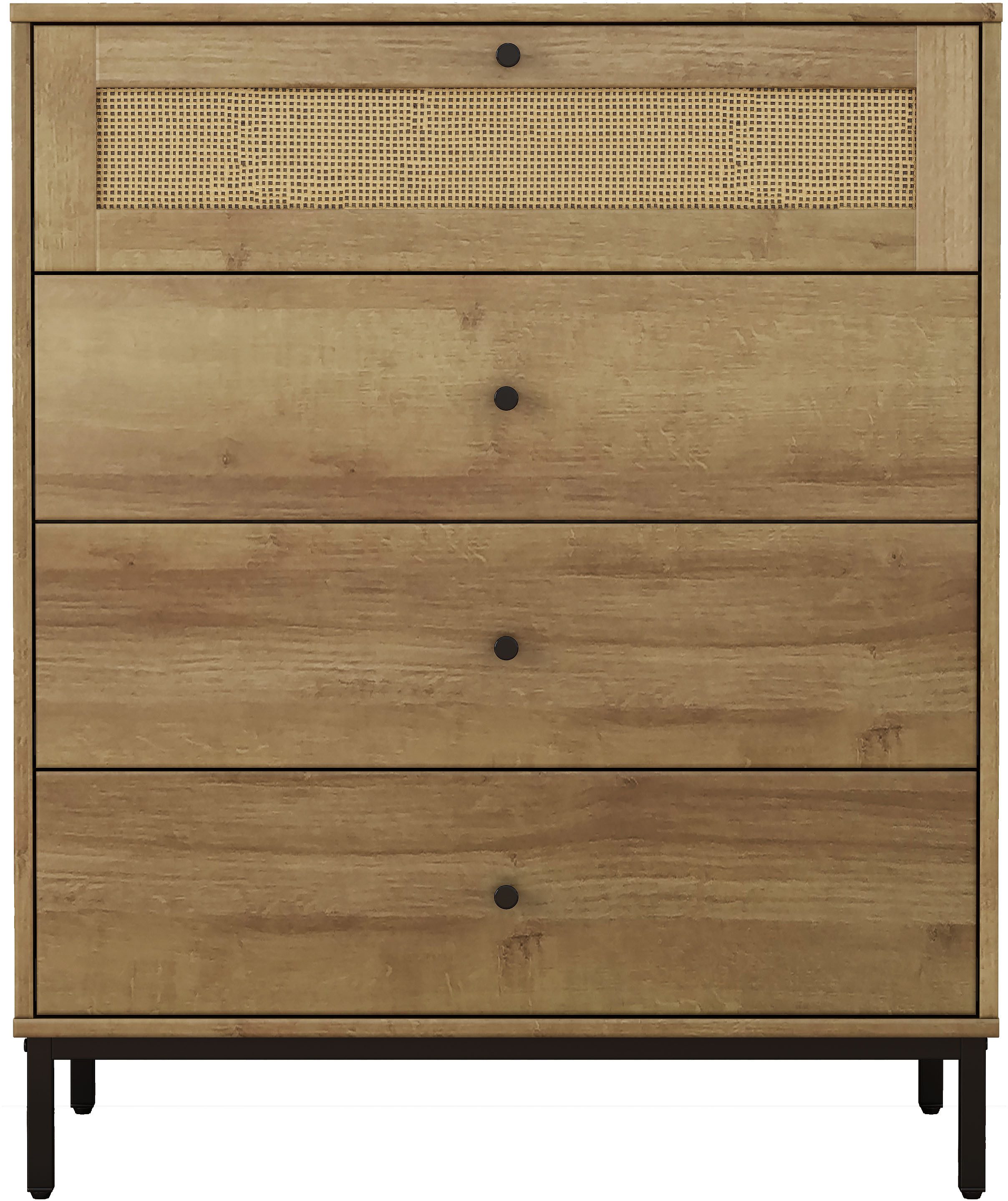 OTTO home Kombikommode Motala Schlafzimmerschrank Garderobe Boho Eichen-Design (Eichen-Design mit Geflecht Schublade und schwarzen Griffen), Schrank Schlafzimmer mit 4 Schubladen hochwertig