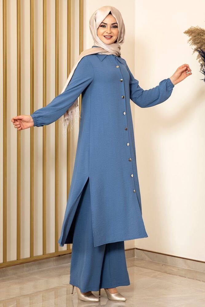 Damen Knöpfe, Indigo-Blau mit Tunika Anzug Longtunika Modavitrini Lange Zweiteiler Aerobin Hijab Stoff Hose Kleidung