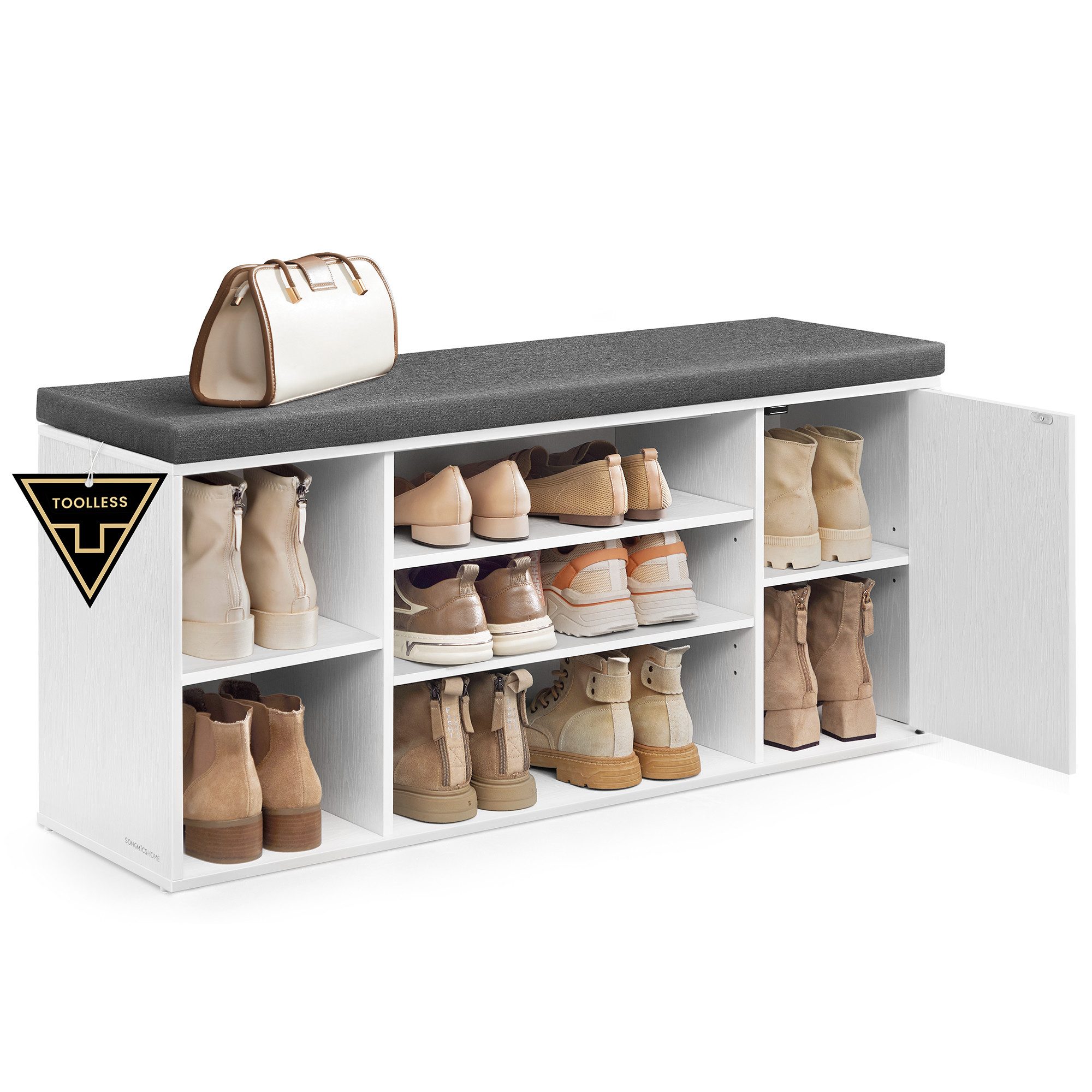 SONGMICS HOME Schuhbank Sitzbank mit Stauraum, offene Fächer, verstellbar, Schuhschrank, Toolless-Technologie, superschnelle werkzeuglose Montage
