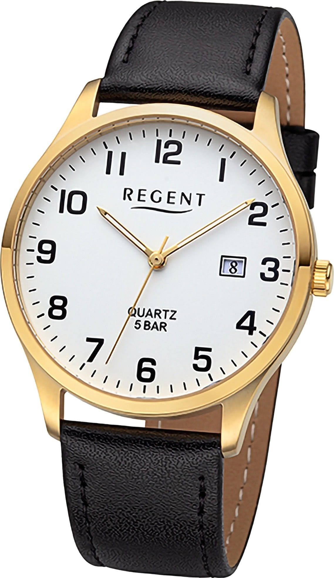 schwarz, Herren extra Herrenuhr Gehäuse, Regent Lederarmband (ca. groß Quarzuhr 39mm) Regent Analog, rundes Armbanduhr
