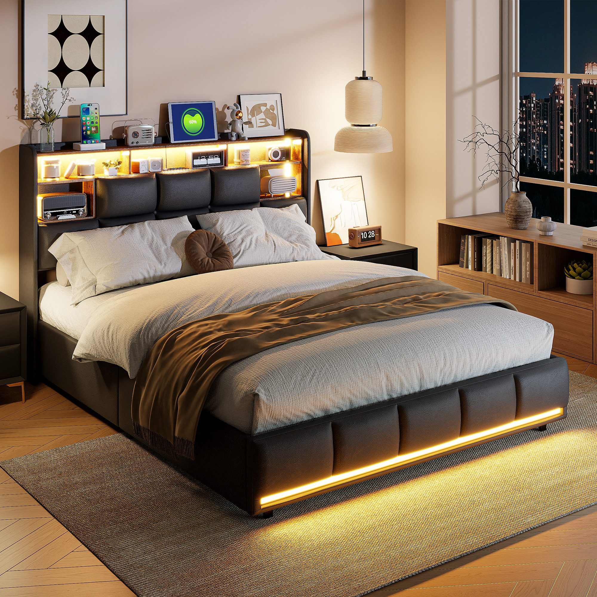 PXloue Polsterbett Modernes Bett mit LED-Beleuchtung und Regal (Hydraulisch günstig online kaufen