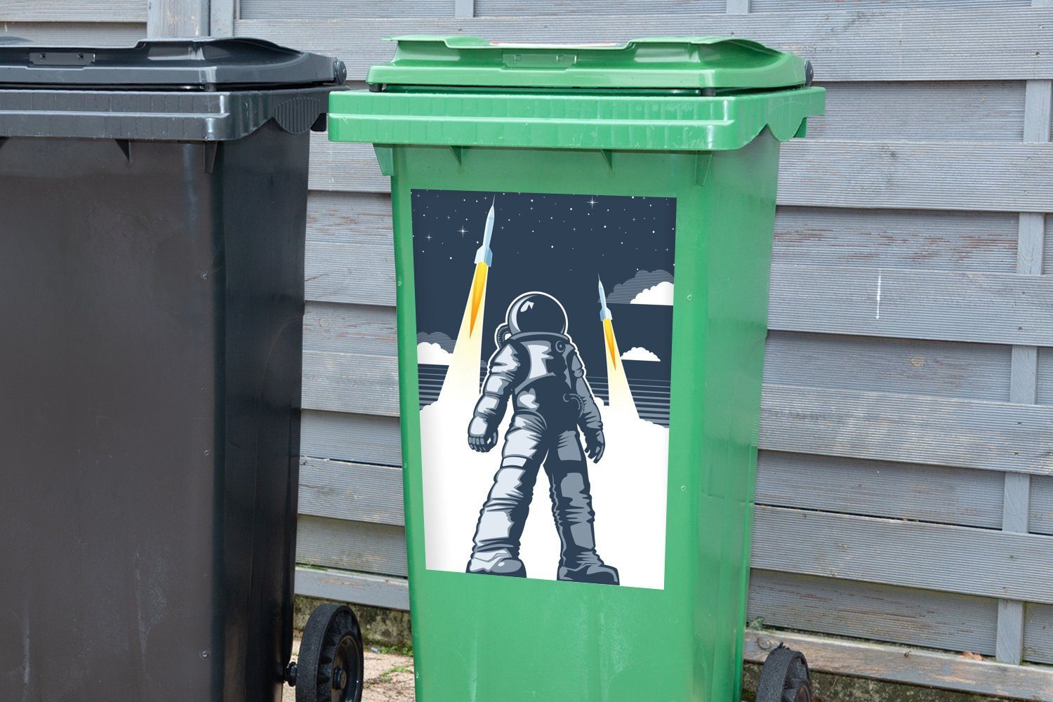 Astronaut Rakete Weltraum (1 MuchoWow Mülleimer-aufkleber, Sticker, Mülltonne, St), Abfalbehälter Wandsticker - - Container,